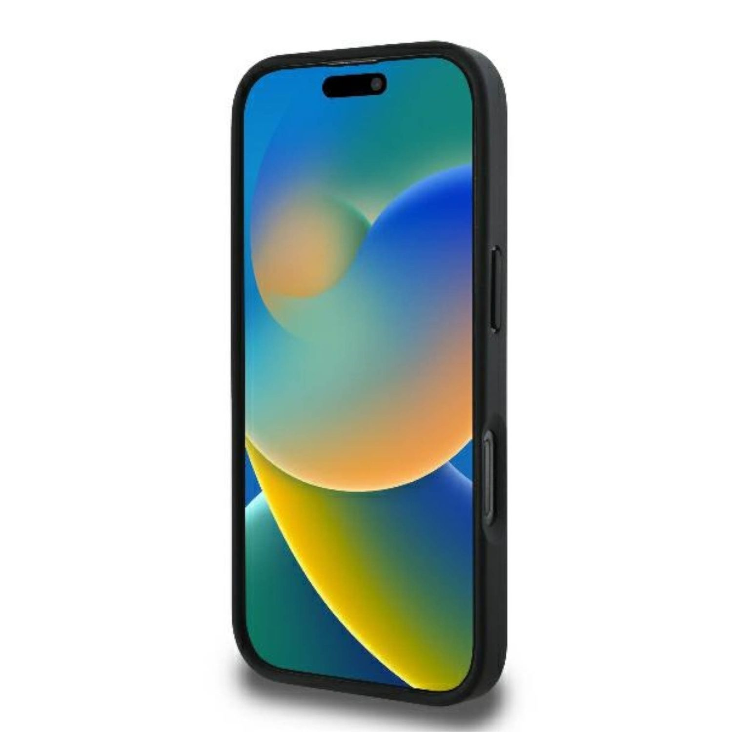 Czarne etui na telefon z kolorową tapetą na ekranie telefonu. Telefon jest na białym tle.