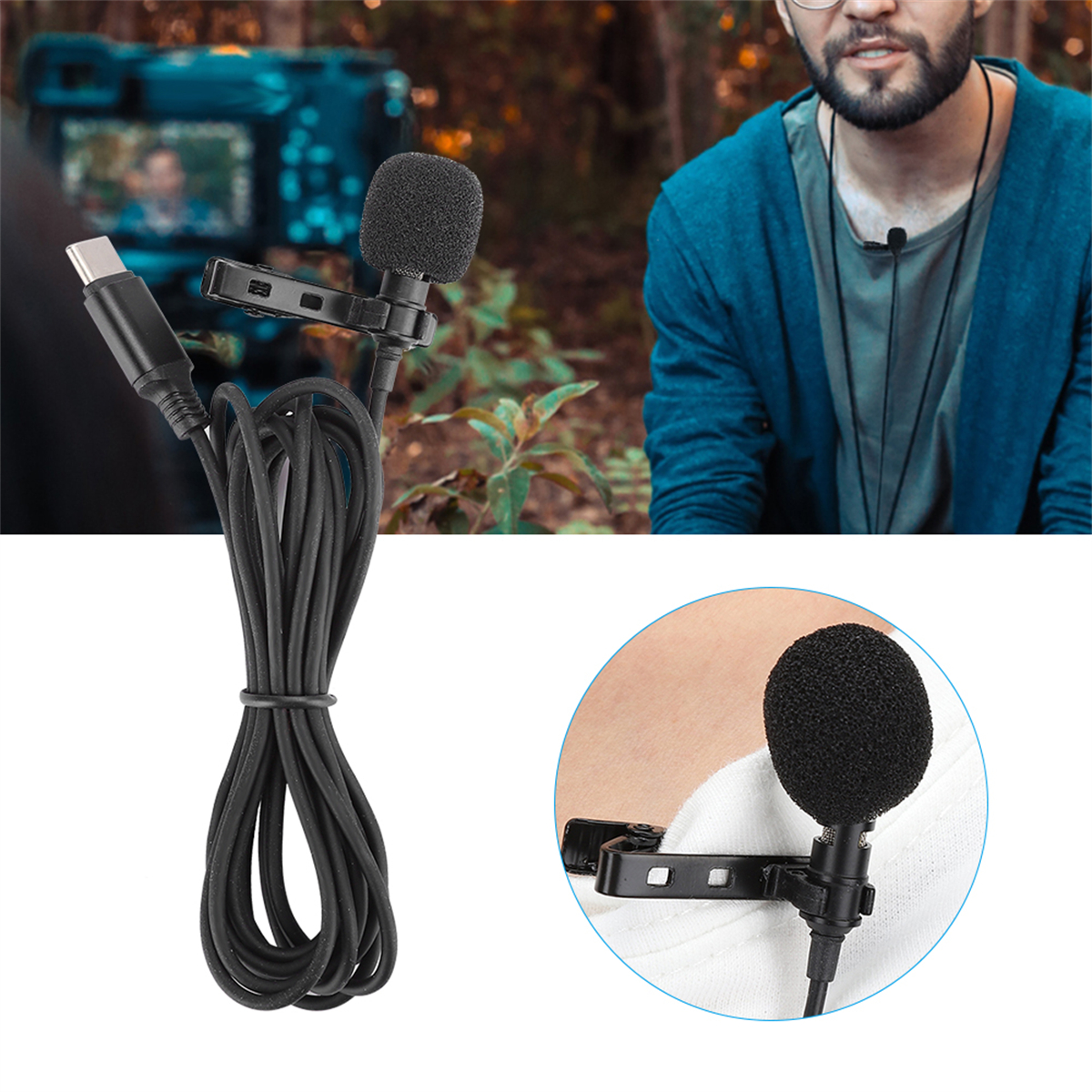 Zwei Ansteckmikrofone, eines an der Brust befestigt, verbunden mit Kabel und USB-C.