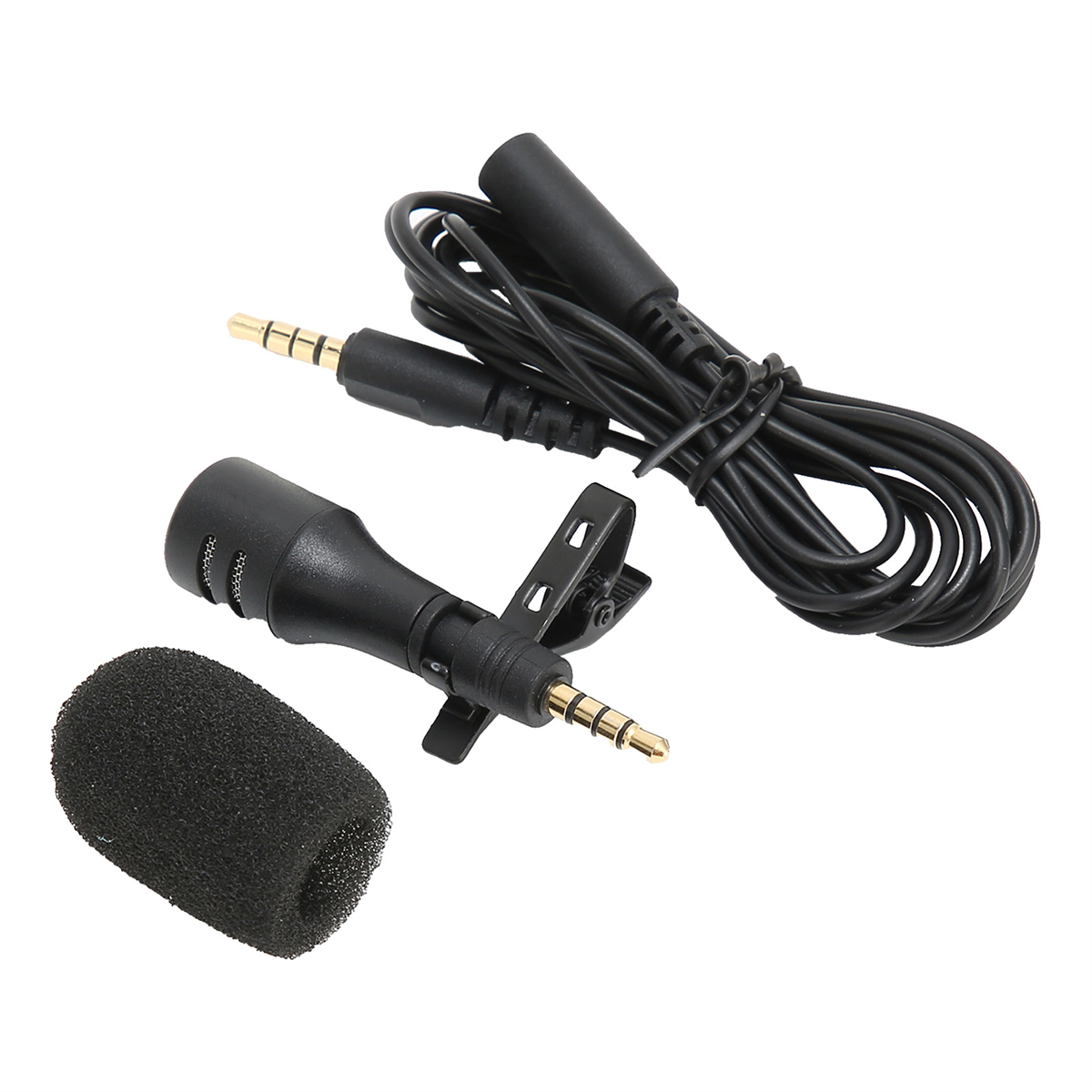 Ein schwarzes Mikrofon mit Clip und Schaumstoffhülle sowie ein Kabel mit zwei Anschlüssen.