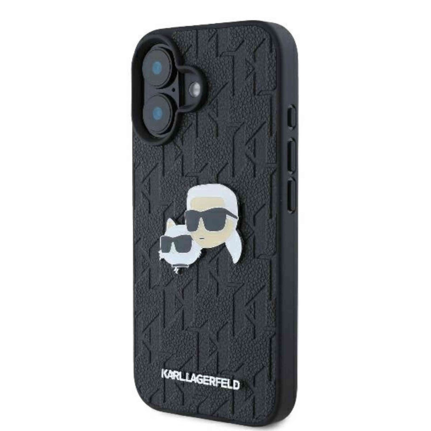 Karl Lagerfeld tasarımlı siyah bir telefon kılıfı. Beyaz kedi ve logo içerir.