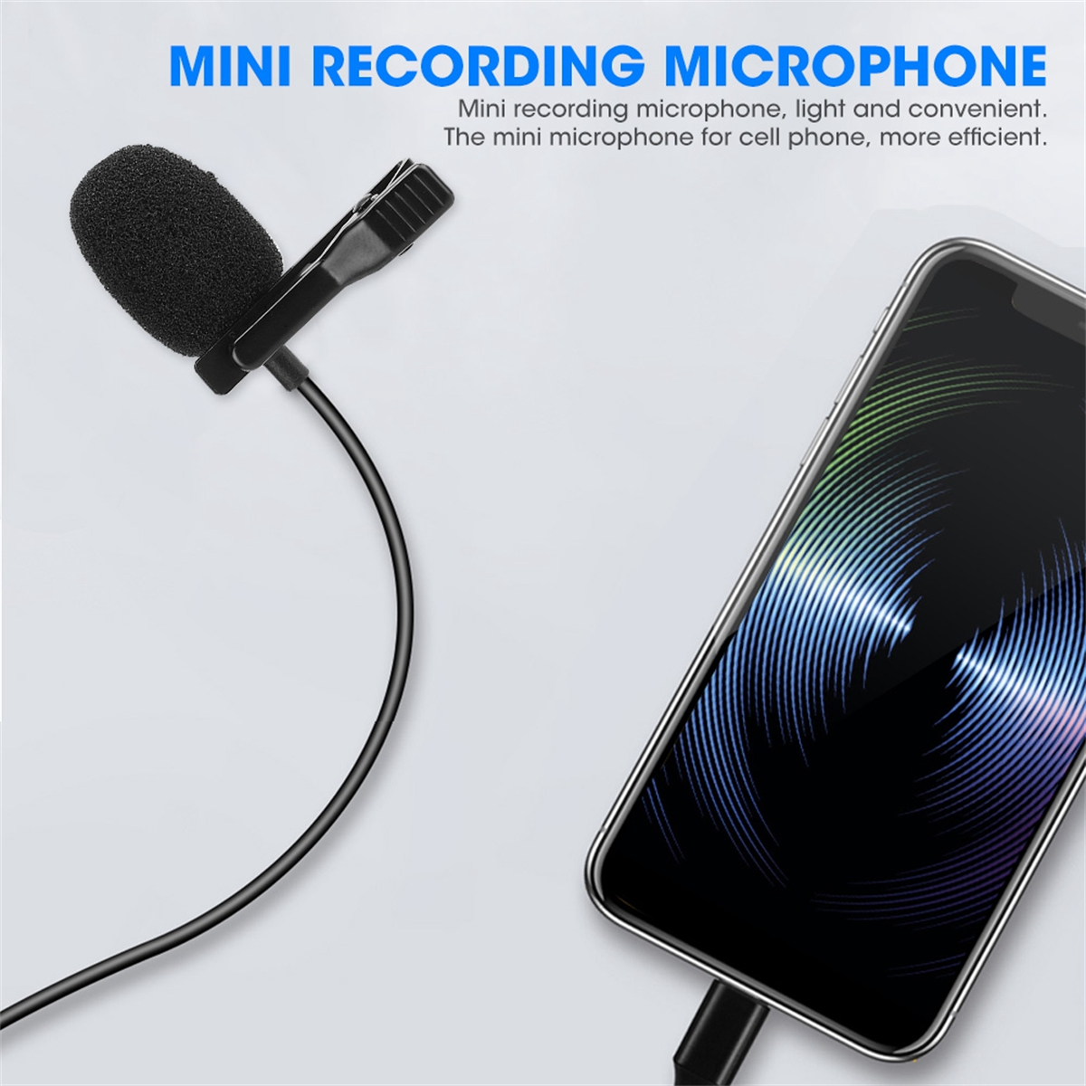 Ein Mini-Mikrofon, das an einem Telefon befestigt ist. Das Telefon ist schwarz und hat einen Bildschirm, der Schallwellen zeigt.