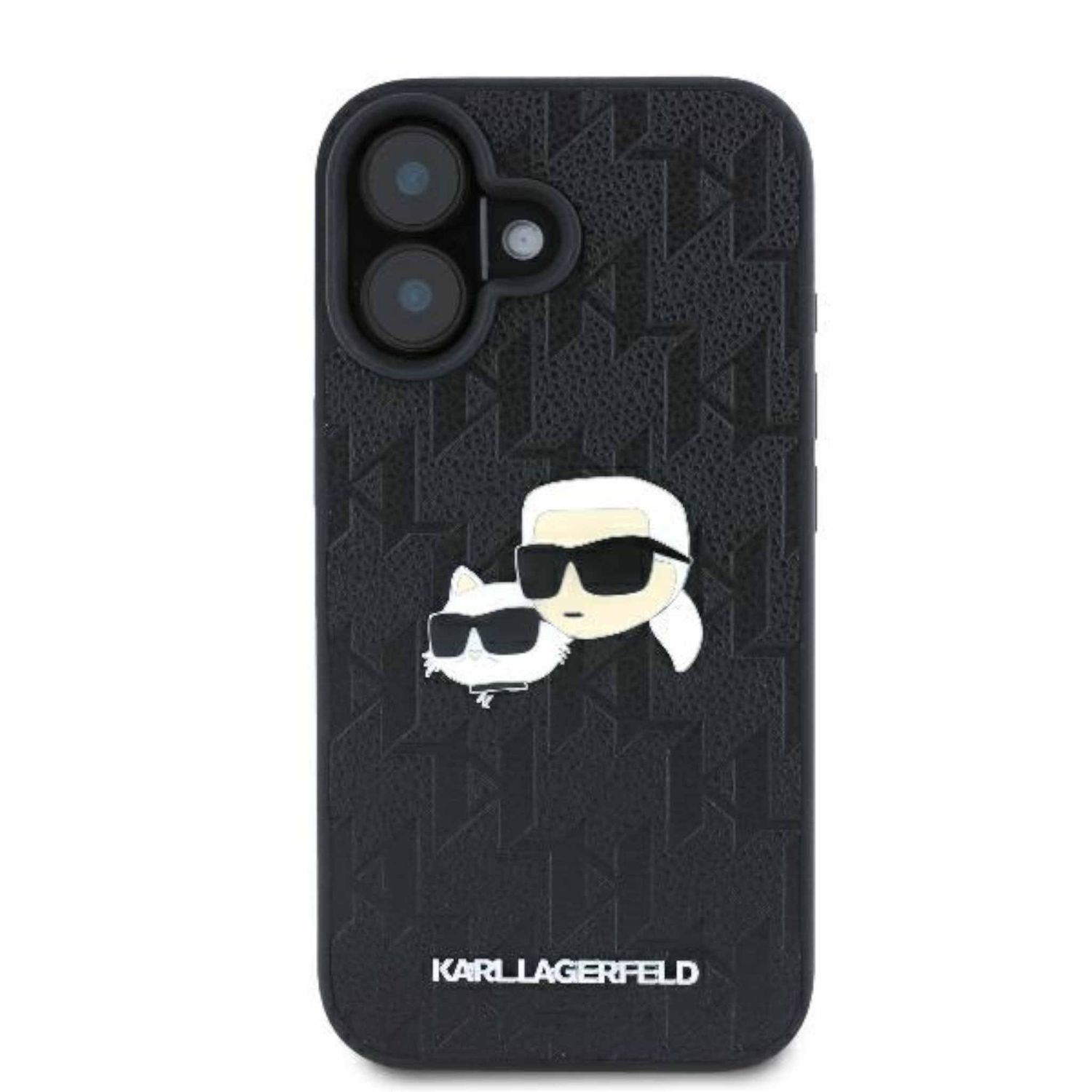 Karl Lagerfeld tasarımlı siyah bir telefon kılıfı. Kılıf, Karl ve güneş gözlüklü bir kedi tasvir ediyor.