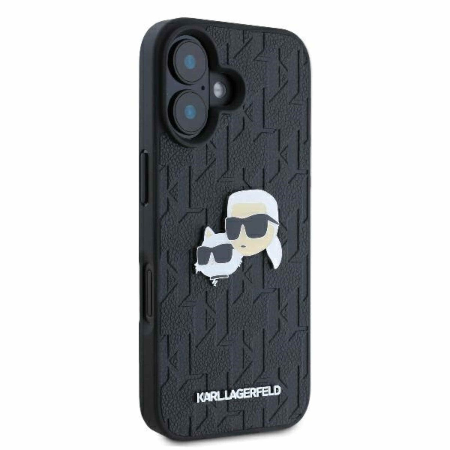 Karl Lagerfeld tasarımlı siyah telefon kılıfı. Beyaz bir kedi ve tasarımcının profilini içerir.