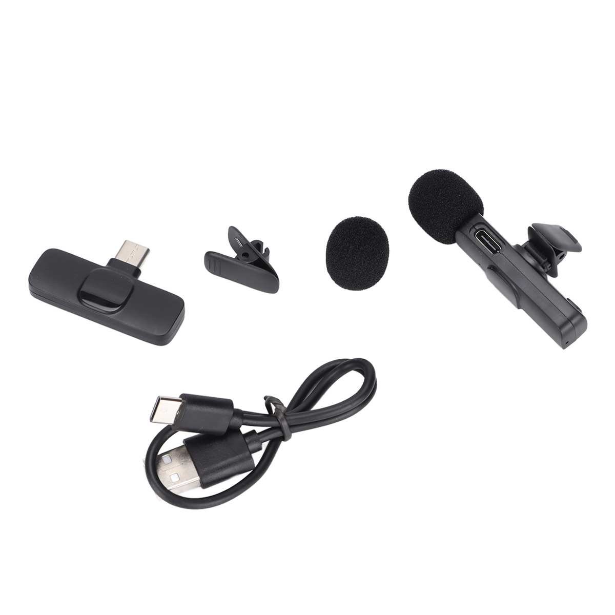 Kabelloses Mikrofon-Set. Enthält einen Empfänger, Mikrofon, Clip und Ladekabel.