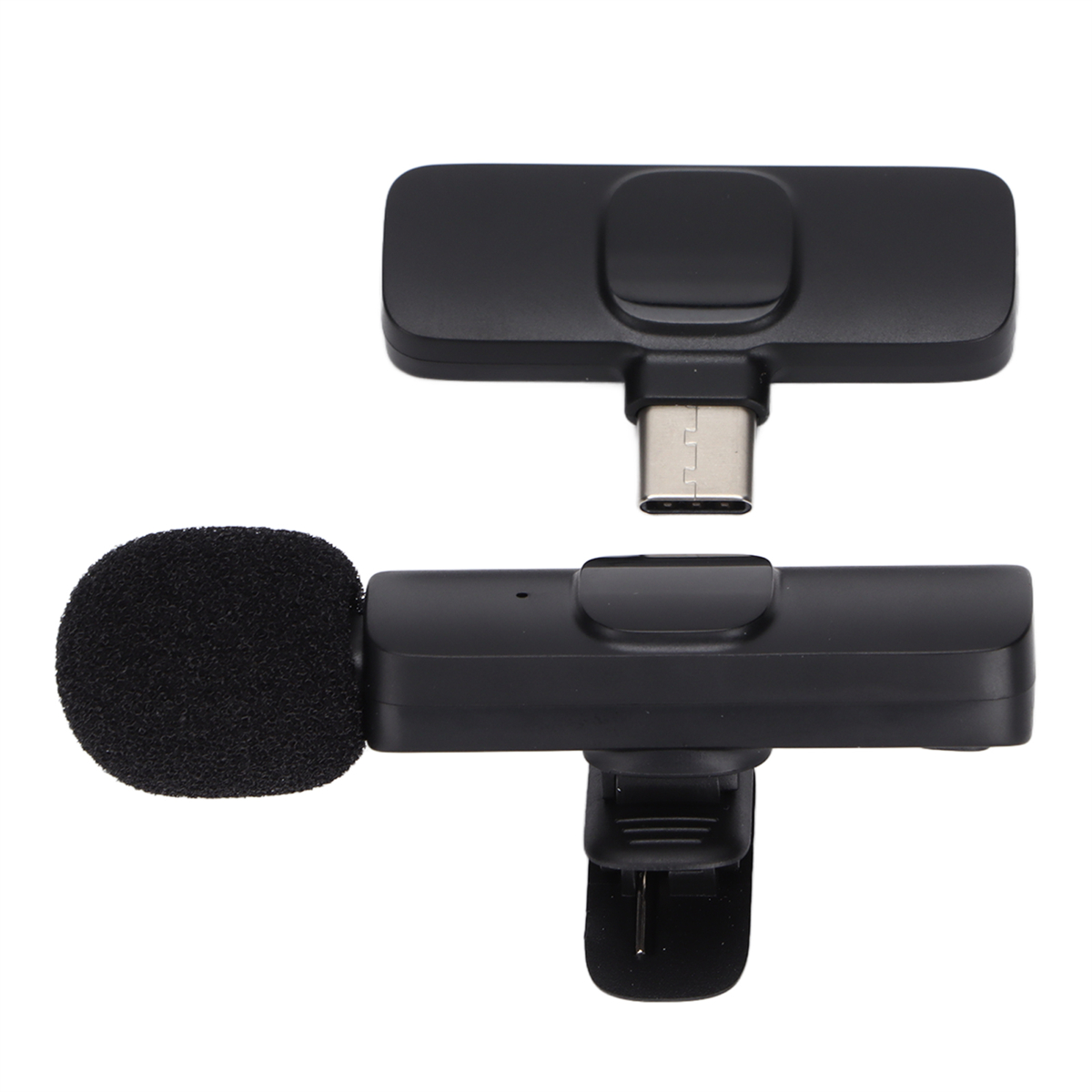 Zwei schwarze drahtlose Mikrofone. Eines hat einen USB-C-Anschluss, das andere einen Clip und ein Mikrofon.