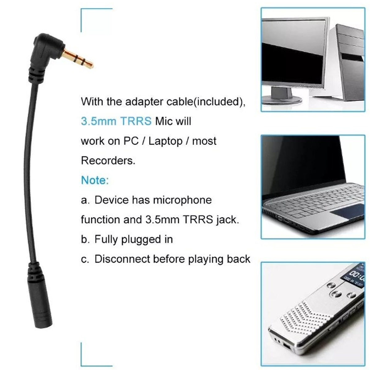 Ein Adapterkabel mit 3,5-mm-TRRS-Mikrofon und Bilder von Computer, Laptop und Rekorder.