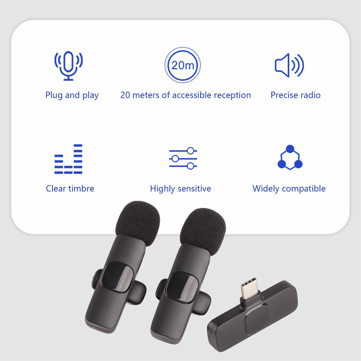 Zwei schwarze drahtlose Mikrofone und ein Empfänger mit Symbolen, die Funktionen wie Plug & Play anzeigen.