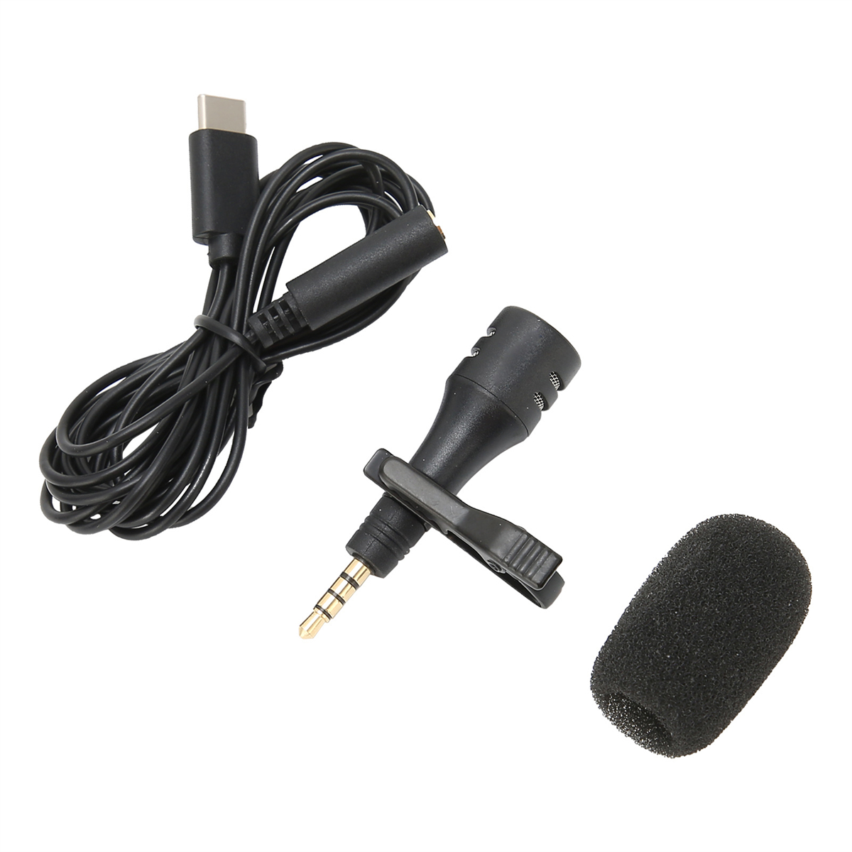 Ein schwarzes Lavalier-Mikrofon mit Schaumstoffabdeckung und USB-Kabel.