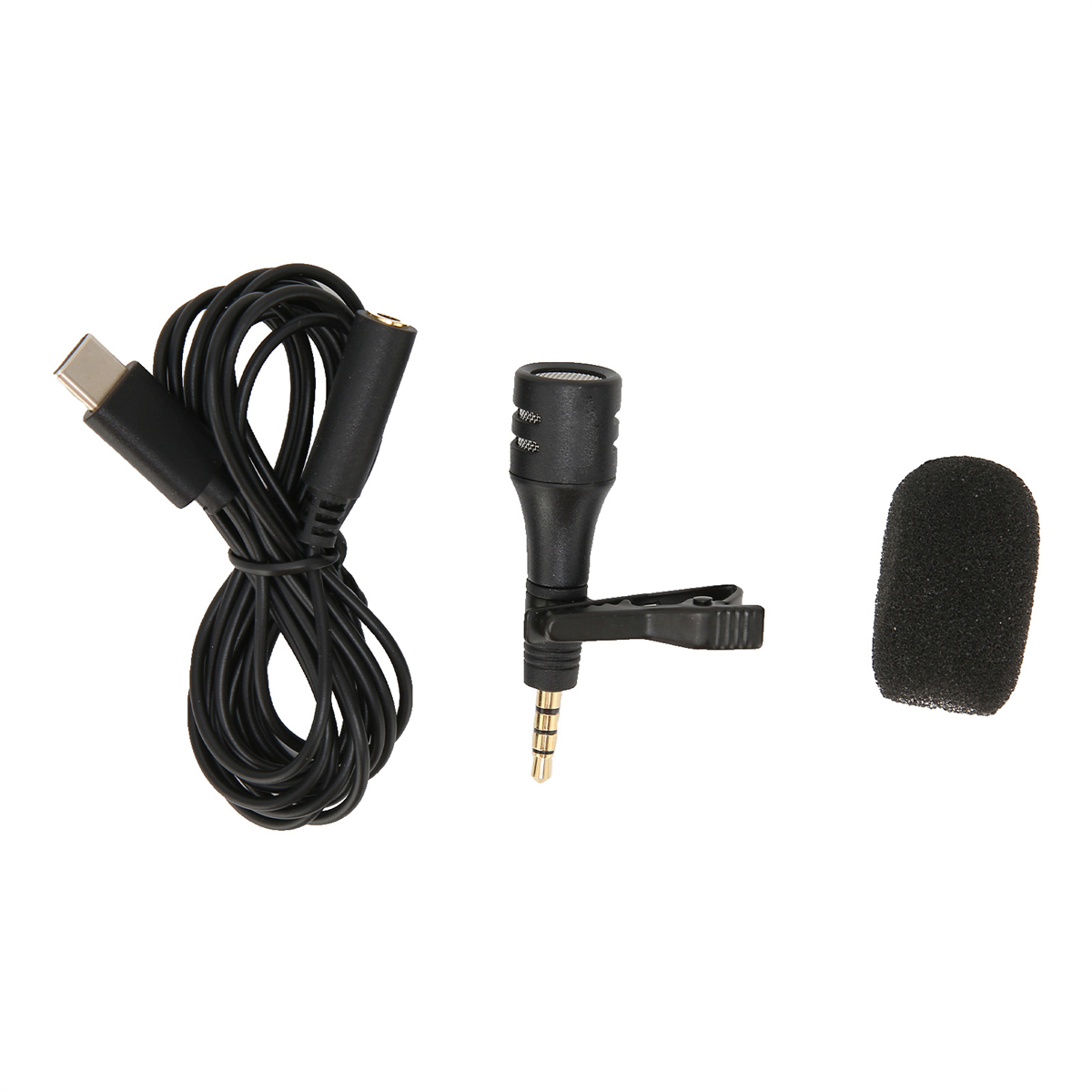 Ein schwarzes Mikrofon mit Clip, Schaumstoffabdeckung und USB-C-Kabel.