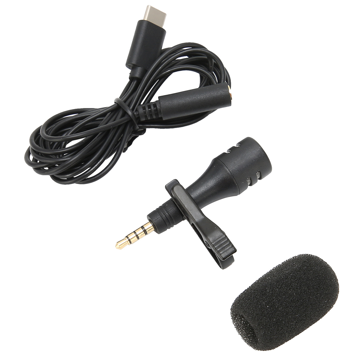 Schwarzes Mikrofon mit Kabel und Schaumstoffabdeckung.