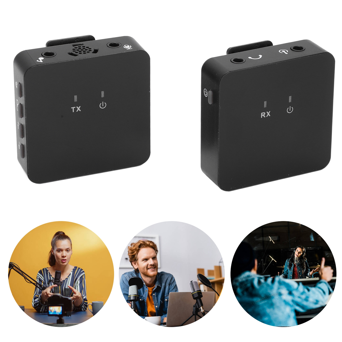 Schwarze Audio-Sender- und Empfangsgeräte. Bilder von Personen, die Audio aufnehmen.