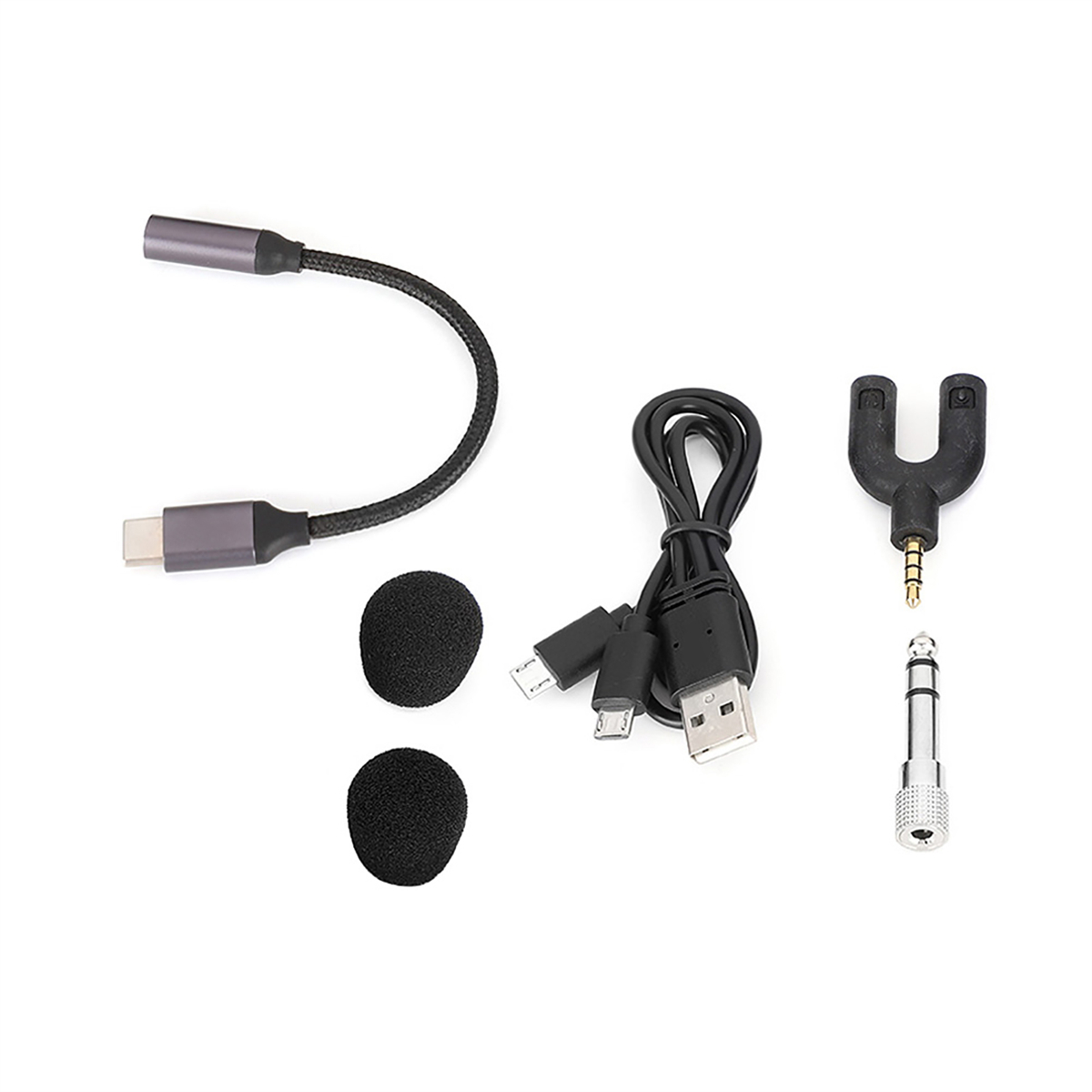 Verschiedene Kabel und Anschlüsse. Enthält ein USB-Kabel, Mikrofonabdeckungen und einen Adapter.