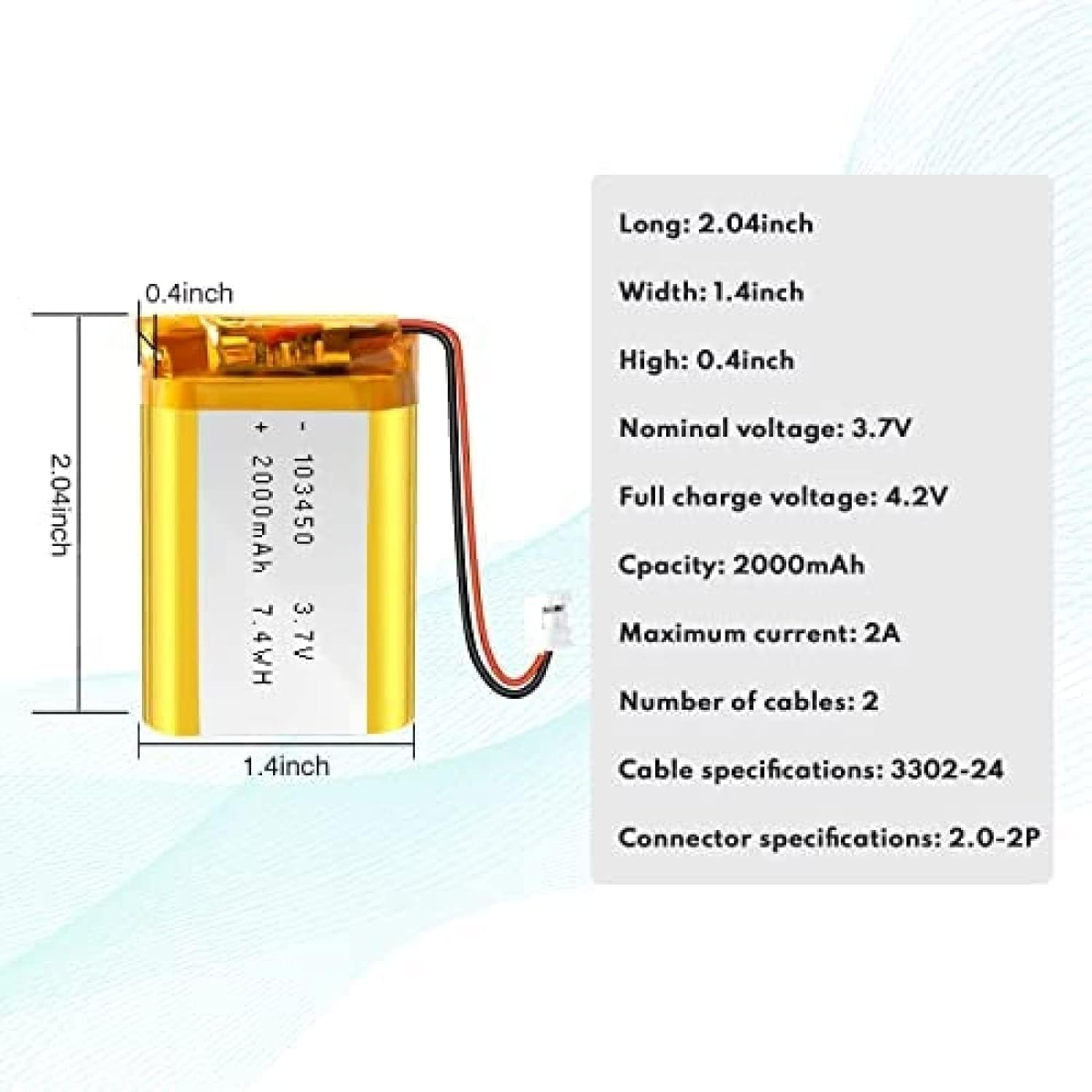Gelbe rechteckige Batterie mit Abmessungen und Spezifikationen daneben.