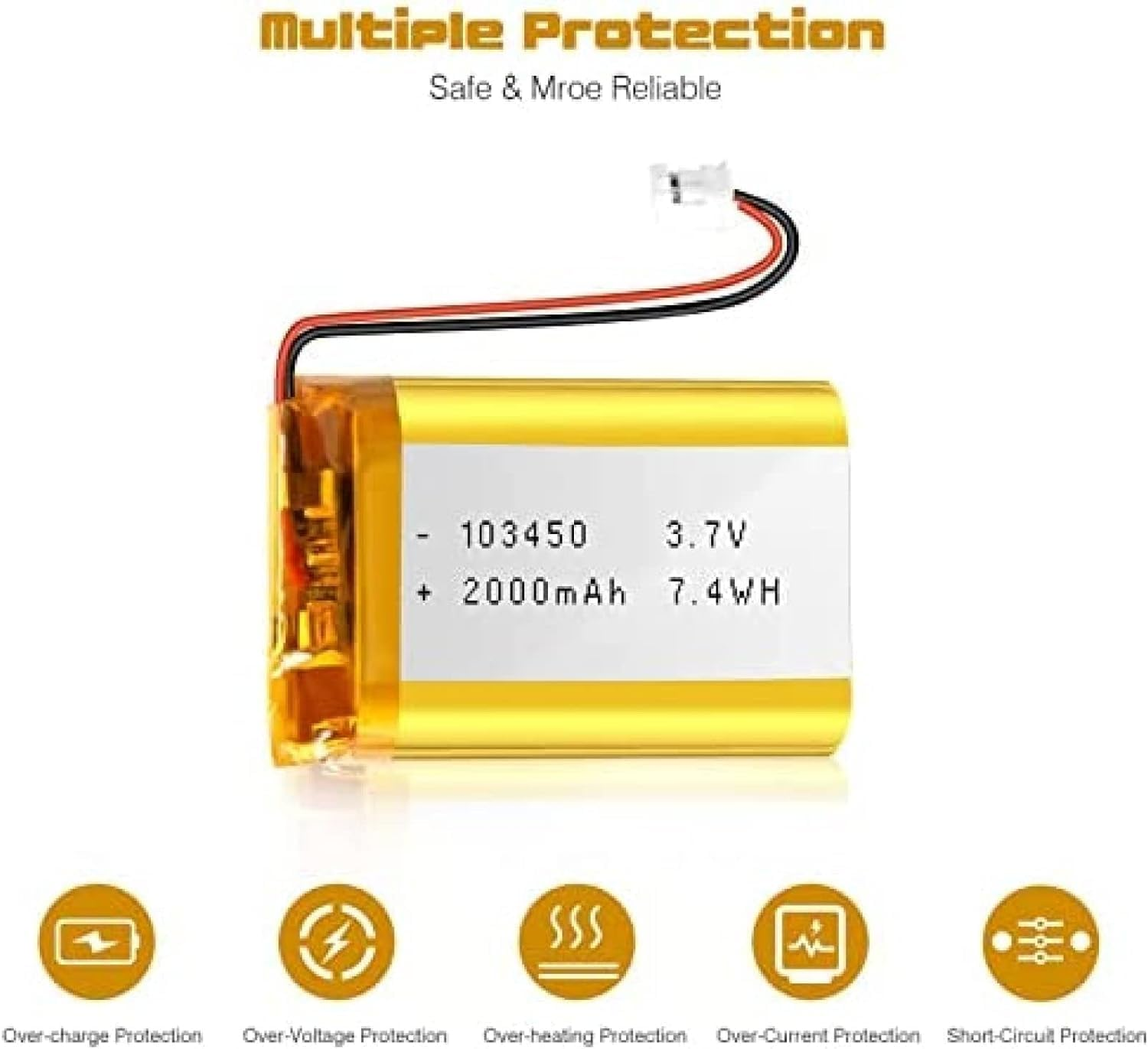 Eine gelb-schwarze Batterie mit Schutzsymbolen darunter. Text lautet 103450 3,7 V und +2000 mAh.