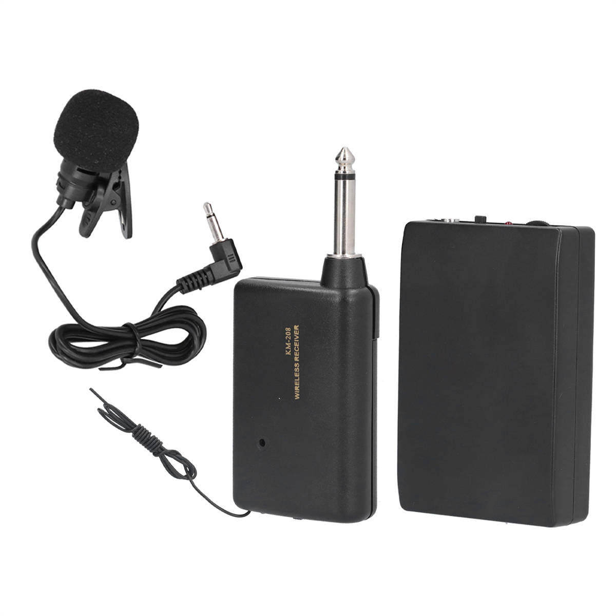 Schwarzes kabelloses Mikrofon-Set mit Ansteckmikrofon, Empfänger und Sender. Mehrere Kabel.