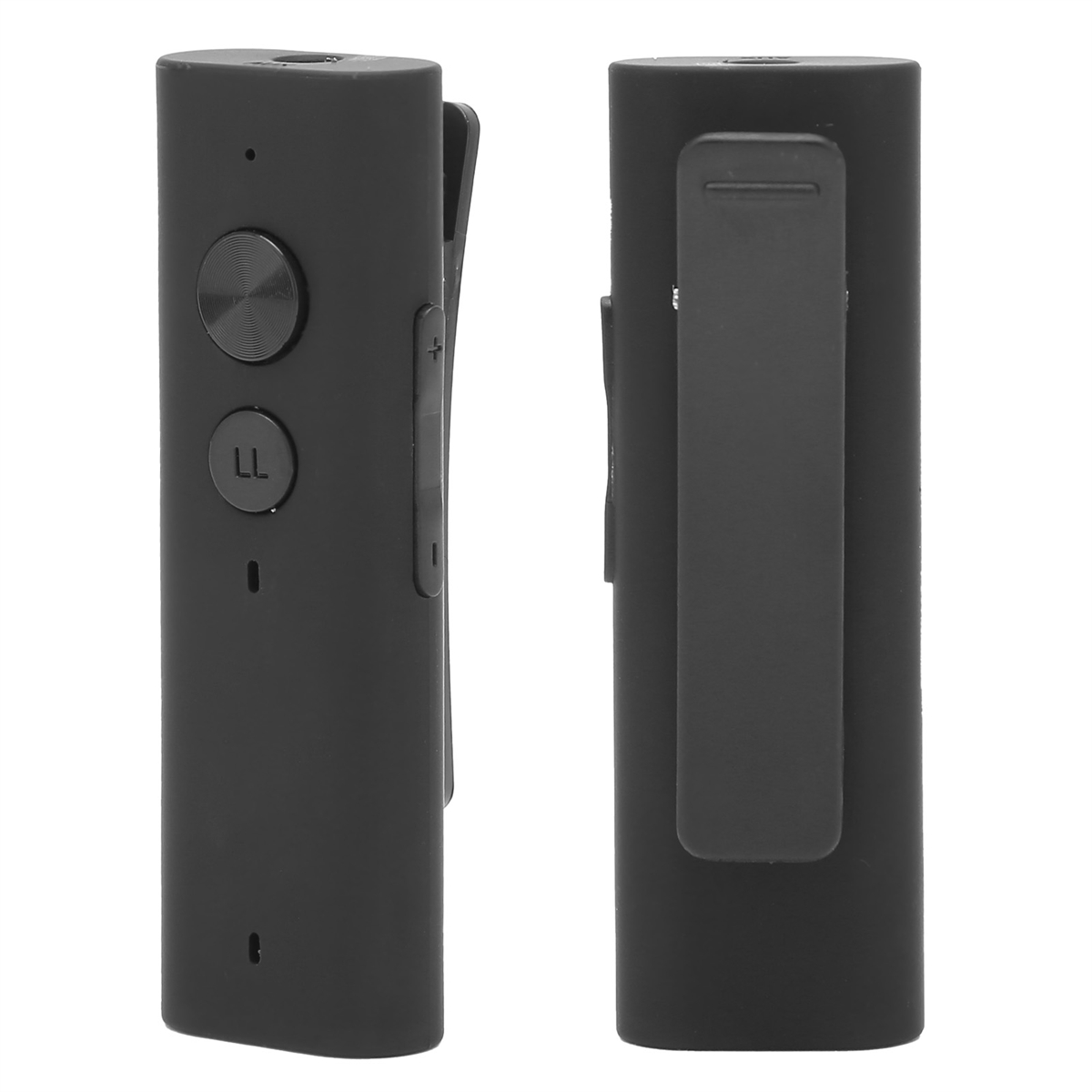 Schwarzer Audiorecorder mit Knöpfen und Clip auf der Rückseite, Vorder- und Rückansicht.