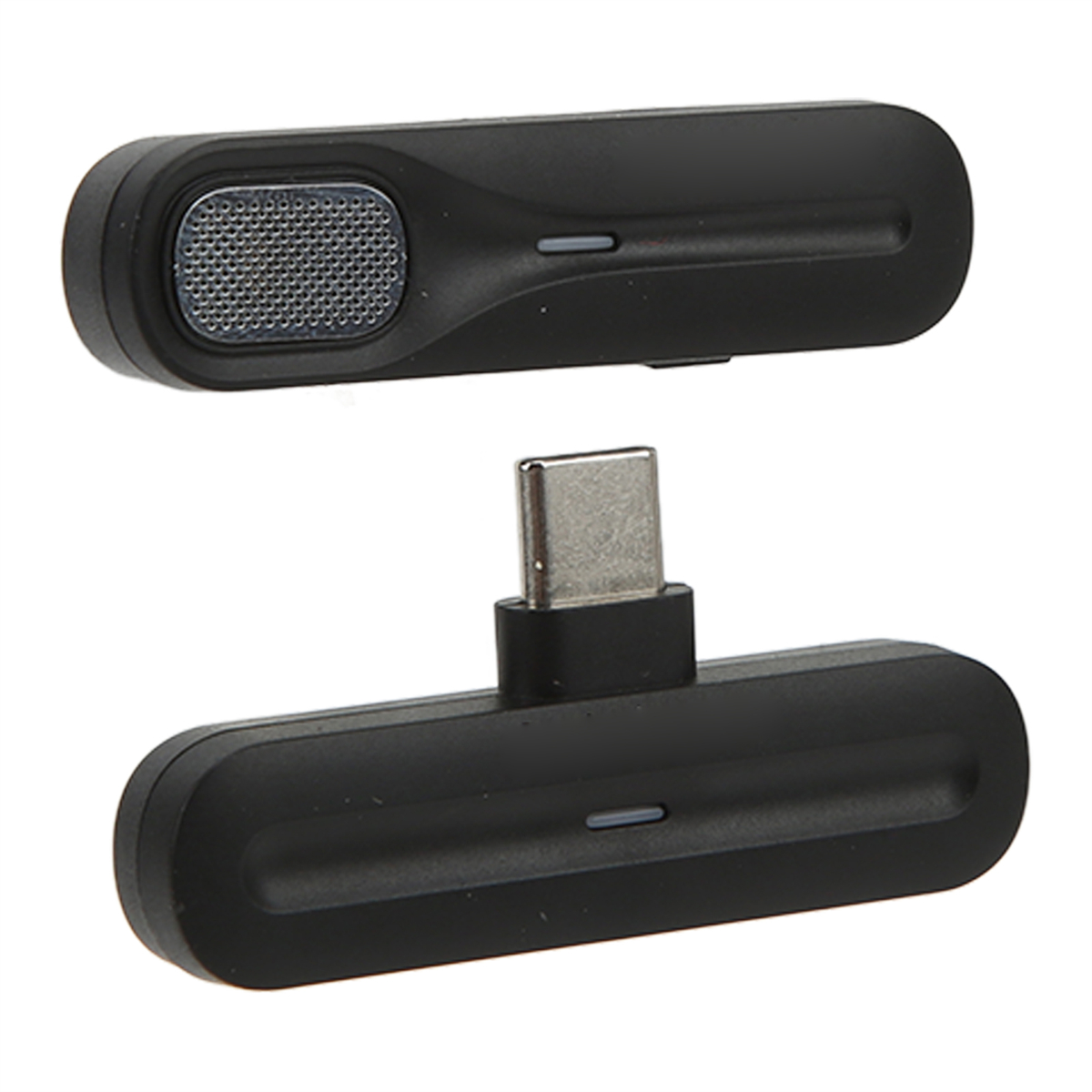 Zwei schwarze drahtlose Mikrofone, eines mit USB-C-Anschluss, auf weißem Hintergrund.