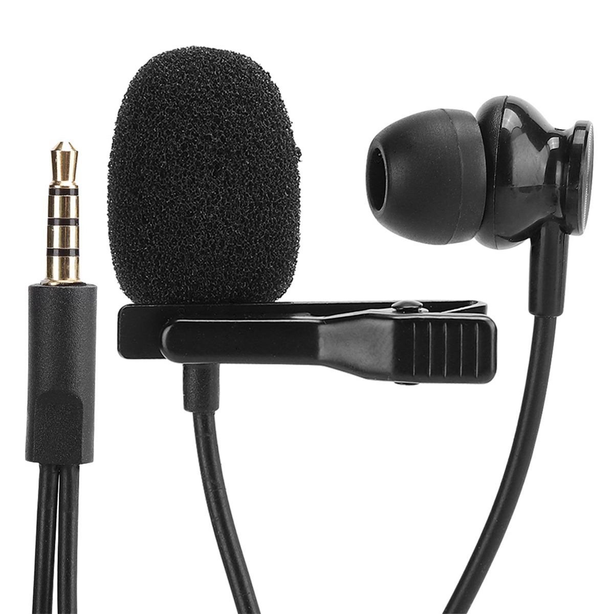Kopfhörer mit Mikrofon und Clip, mit goldfarbenem Stecker.