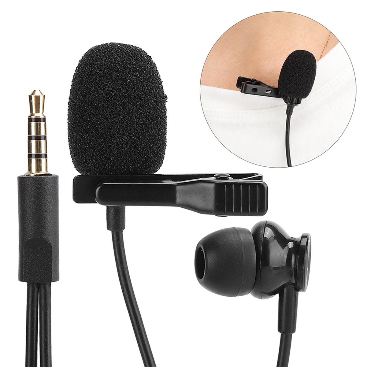 Schwarzes Mikrofon-Set mit Kopfhörer und 3,5-mm-Klinke. Eines am Kragen, eines am Ohr.