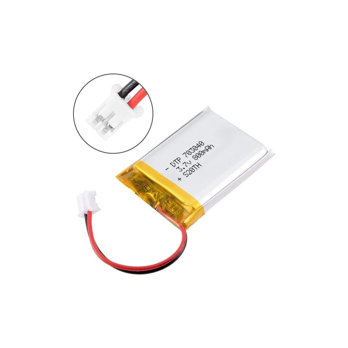 Kleiner, weißer, rechteckiger Akku mit roten und schwarzen Drähten. Auf dem Akku steht: 3,7 V 800 mAh.