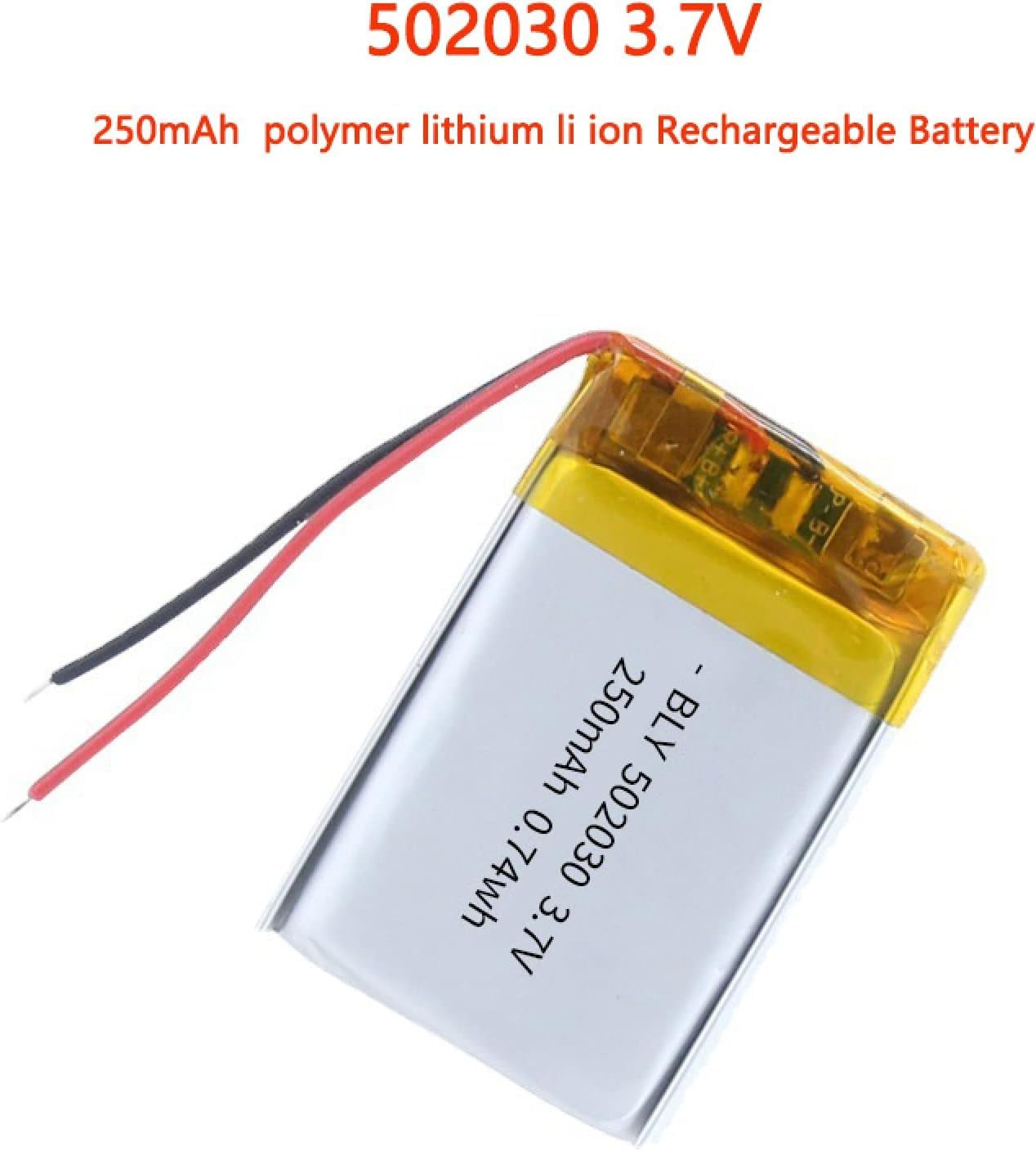 Kleine rechteckige, wiederaufladbare Batterie mit Drähten und weißem Hintergrund, mit Textbeschreibung.