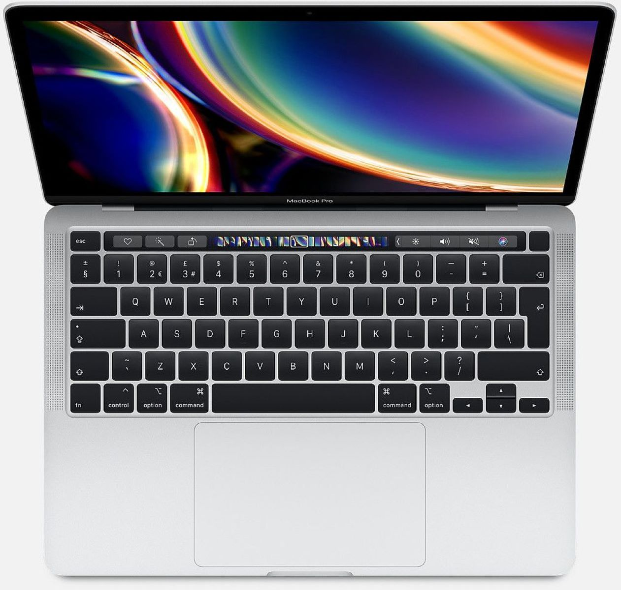 MacBook Pro laptop, open, met het toetsenbord en scherm.