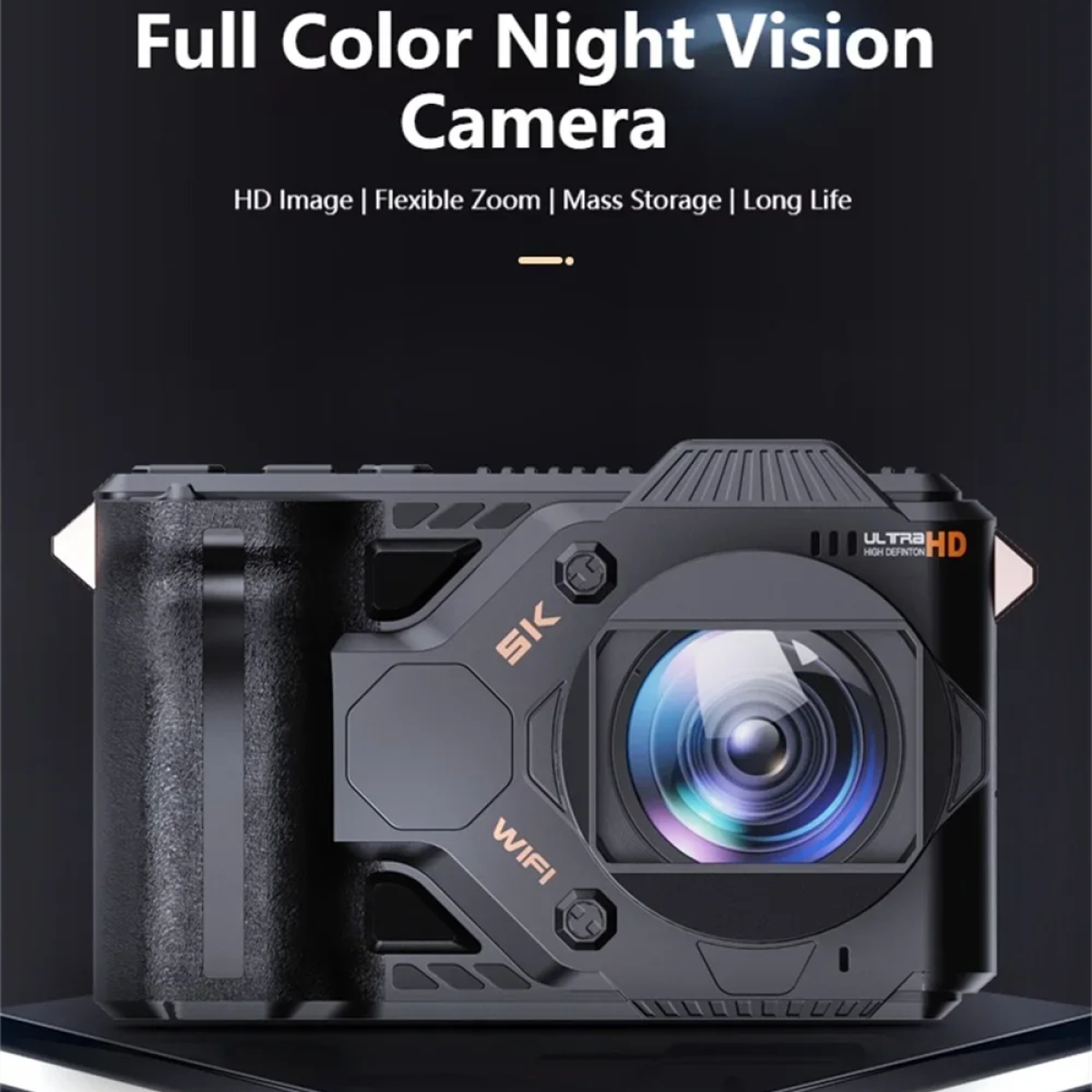 Czarna kamera noktowizyjna z obrazem HD, zoomem i długą żywotnością.