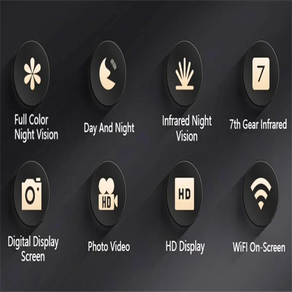 Ikony noktowizji, wyświetlacza HD, zdjęcia wideo, wifi i innych funkcji na ciemnym tle.
