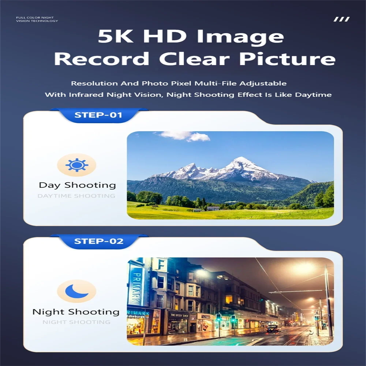 Reklama aparatu z dwiema scenami: widok gór w dzień i widok ulicy nocą.