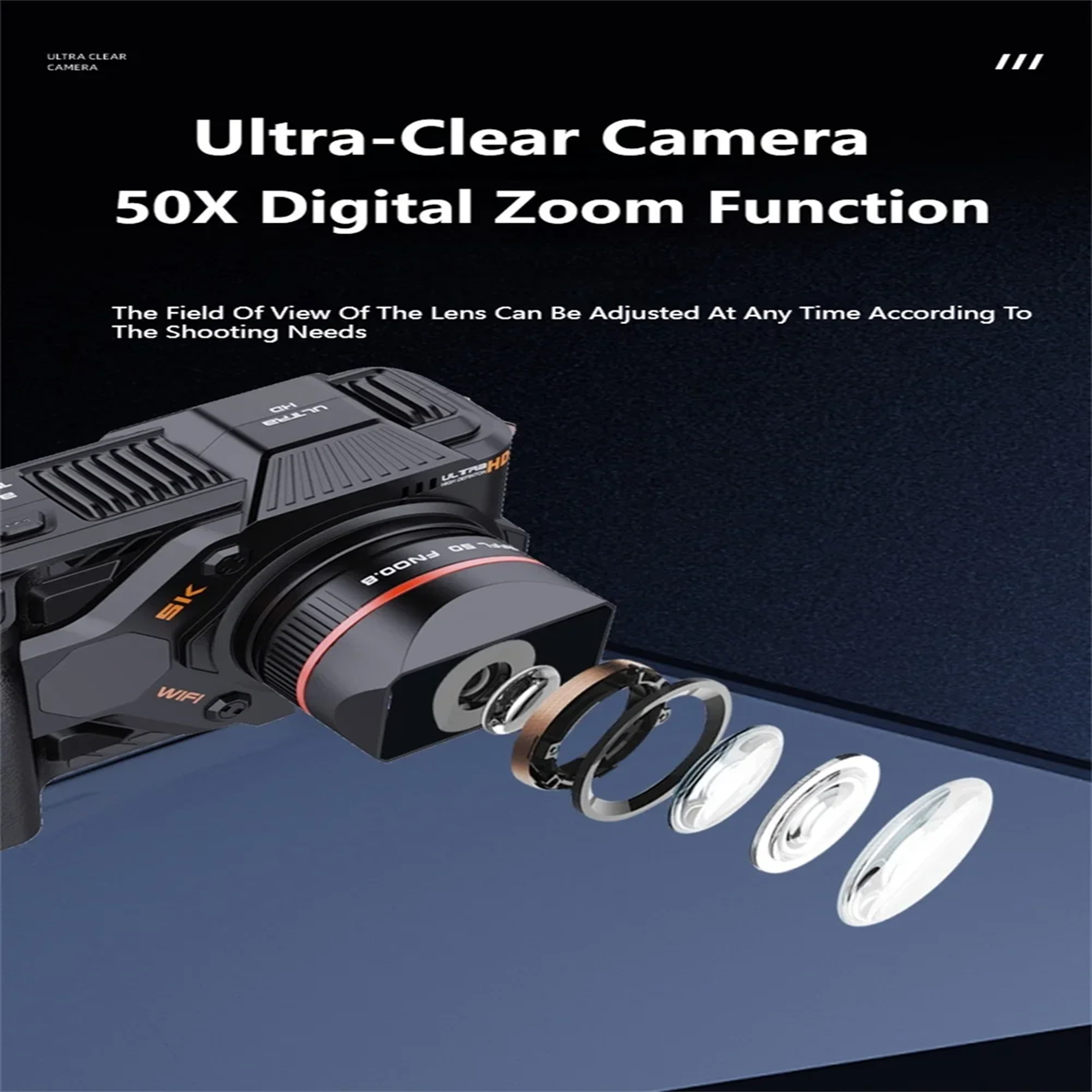 Aparat z obiektywem zmiennoogniskowym. Wyświetlane są części obiektywu. Tekst na obrazie. Rozmyte tło.