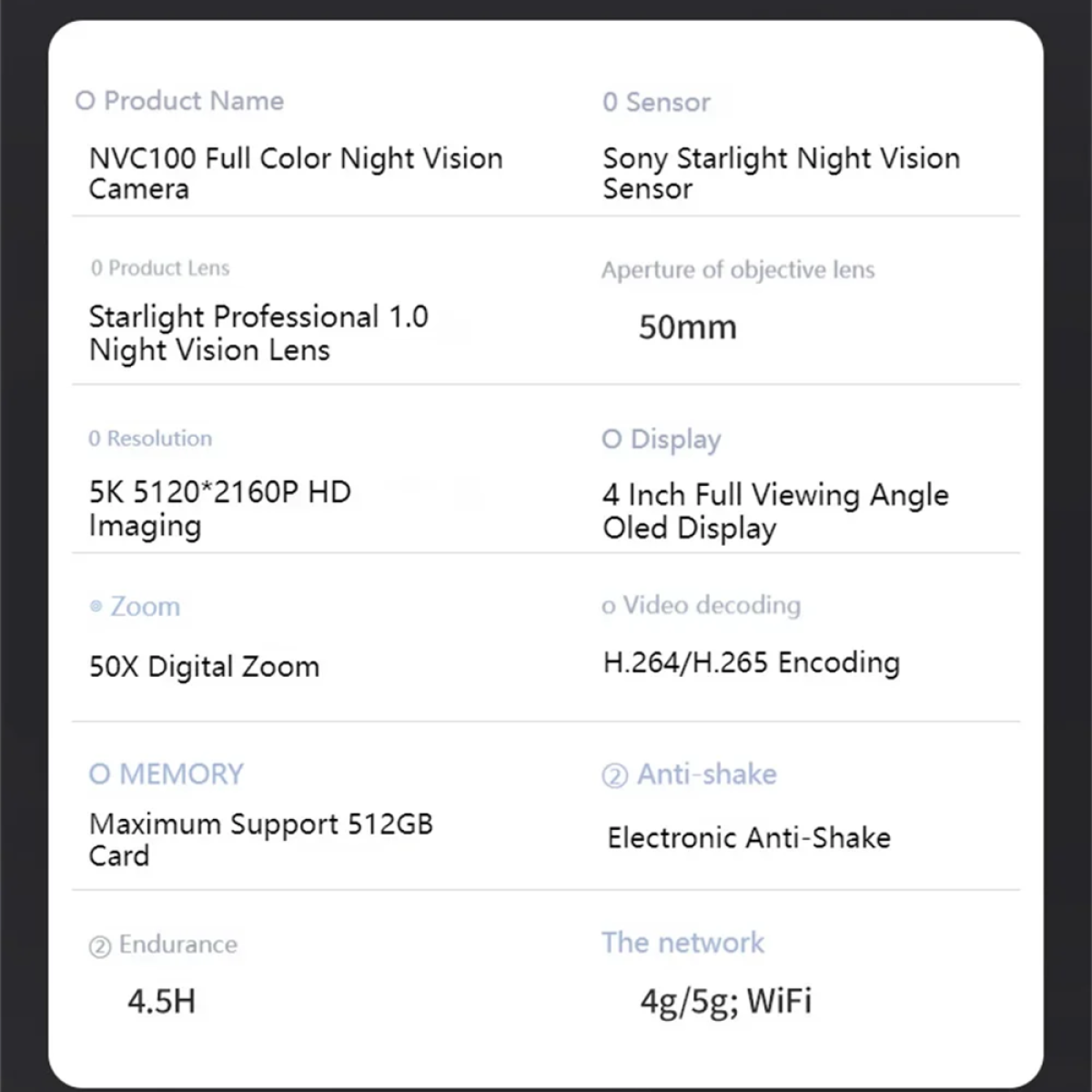 Ekran informacji o produkcie szczegółowo opisujący specyfikację aparatu, w tym rozdzielczość, zoom i pamięć.