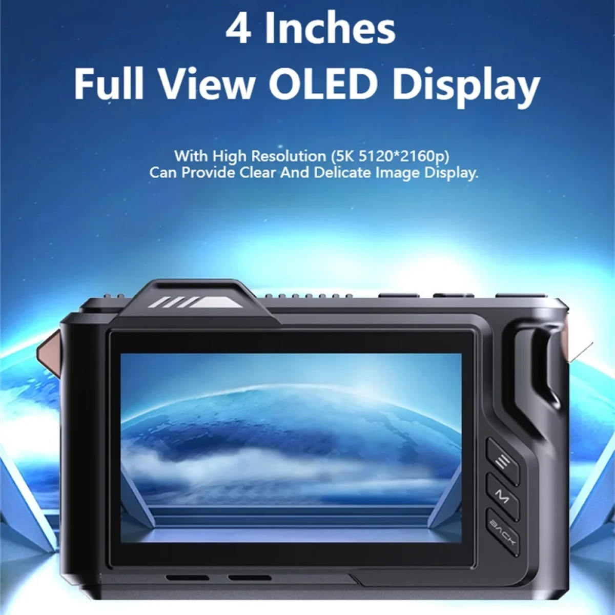 Czarne urządzenie z ekranem wyświetlającym obraz Ziemi. Tekst: '4 cale...Wyświetlacz OLED...5K...Wyraźny obraz'.