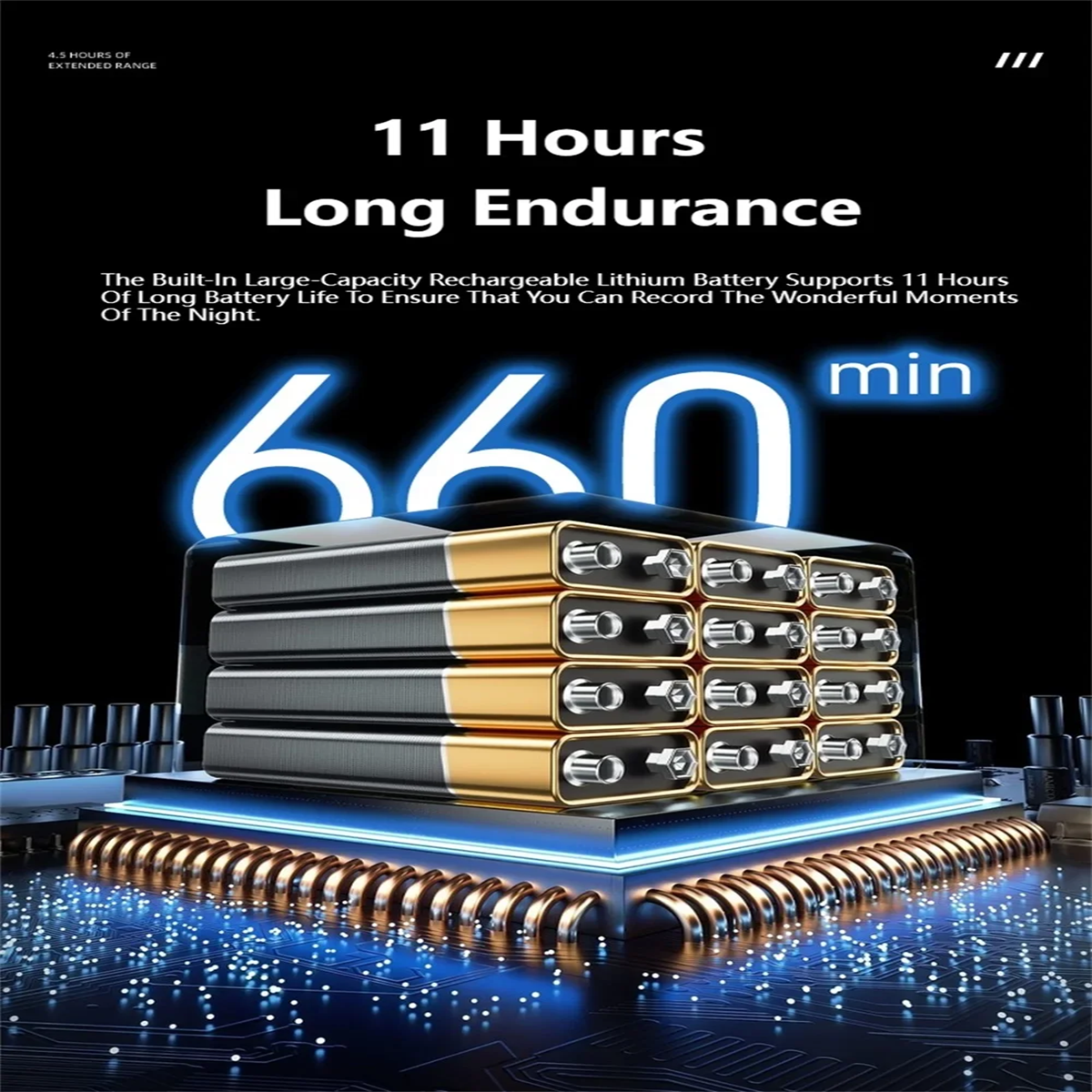 Obrazek ułożonych baterii z tekstem o 11 godzinach długiej wytrzymałości i żywotności baterii.