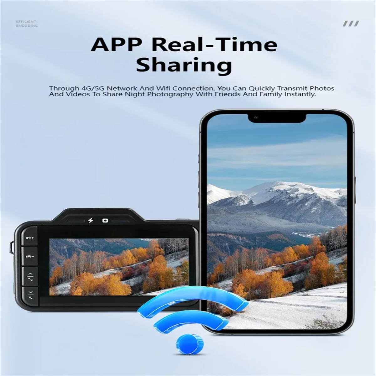 Smartfon z aparatem, czarną kamerą i symbolem Wi-Fi.