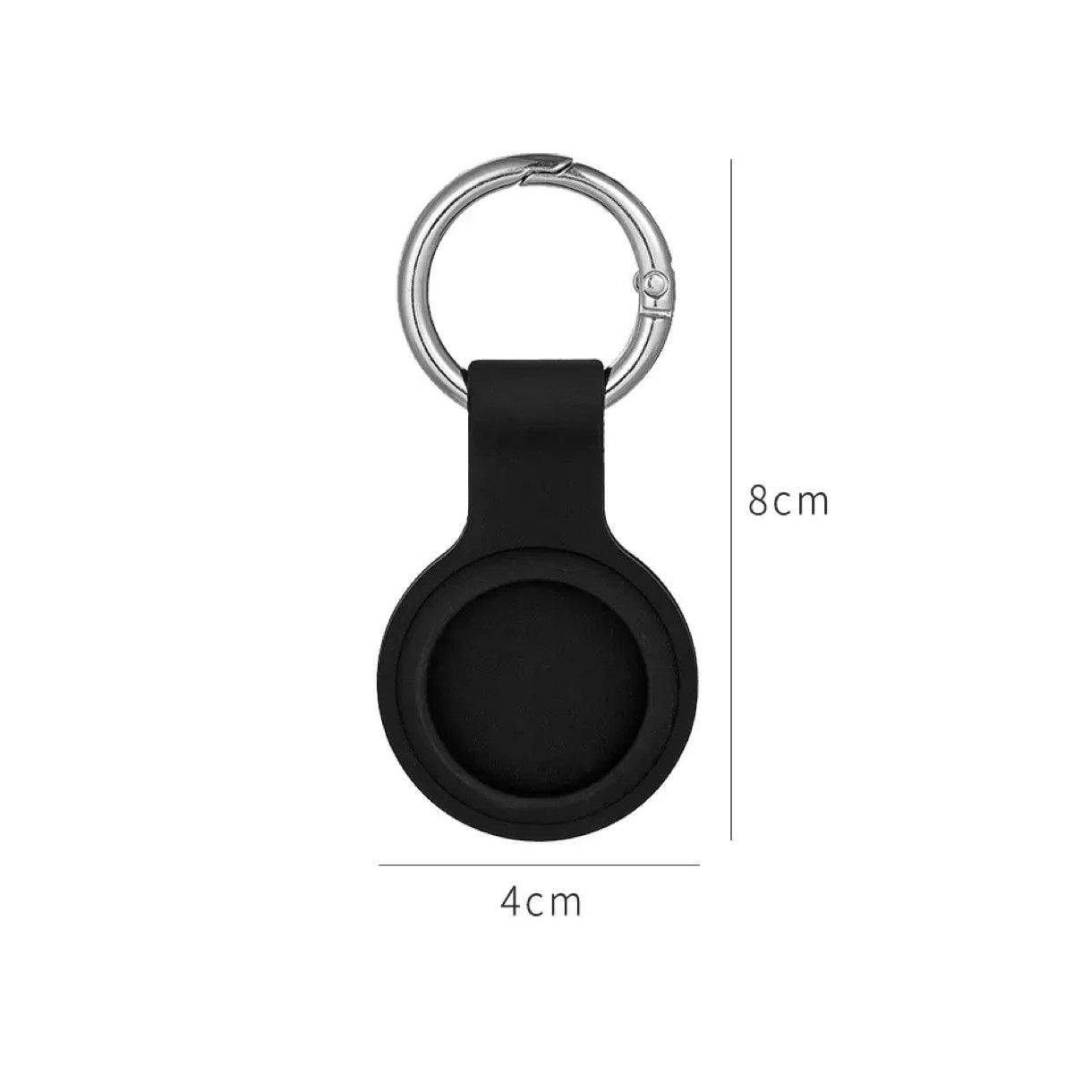Schwarzer AirTag-Halter mit Ring. Zeigt Abmessungen: 8 cm Höhe, 4 cm Breite.