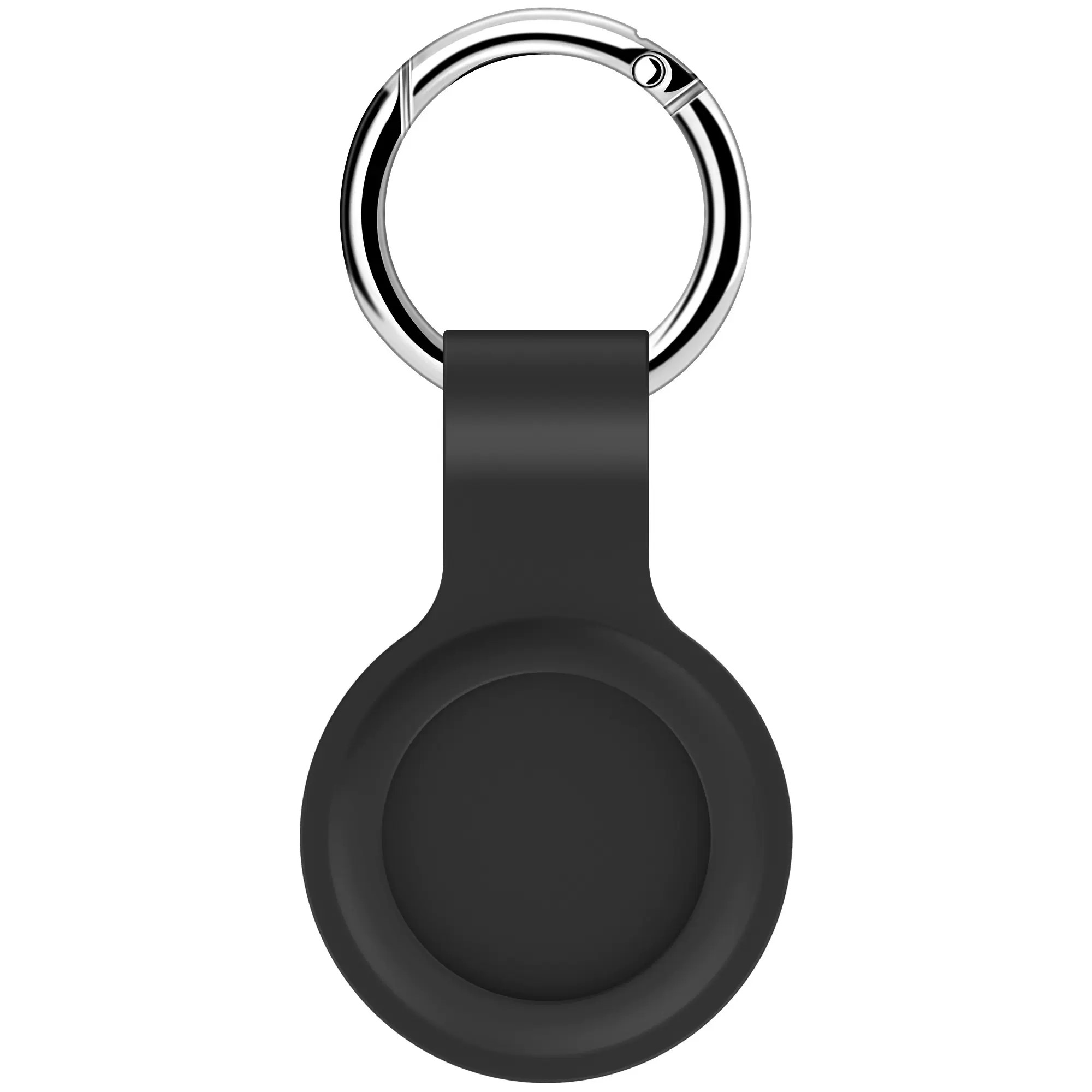 Schwarzer AirTag-Halter mit einem silbernen Schlüsselring.