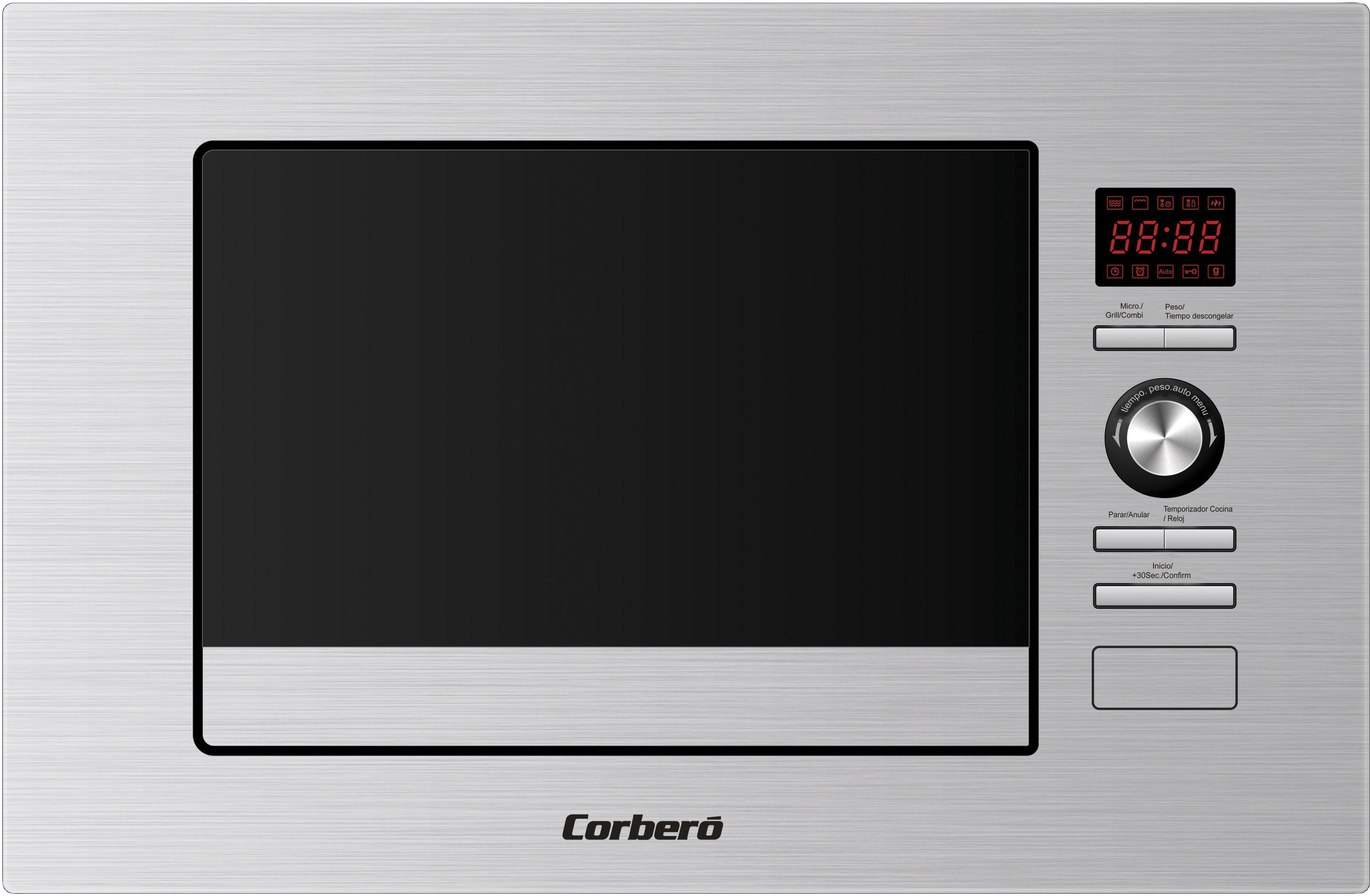 Horno microondas plateado con puerta negra. Pantalla digital muestra la hora. Panel de control a la derecha.