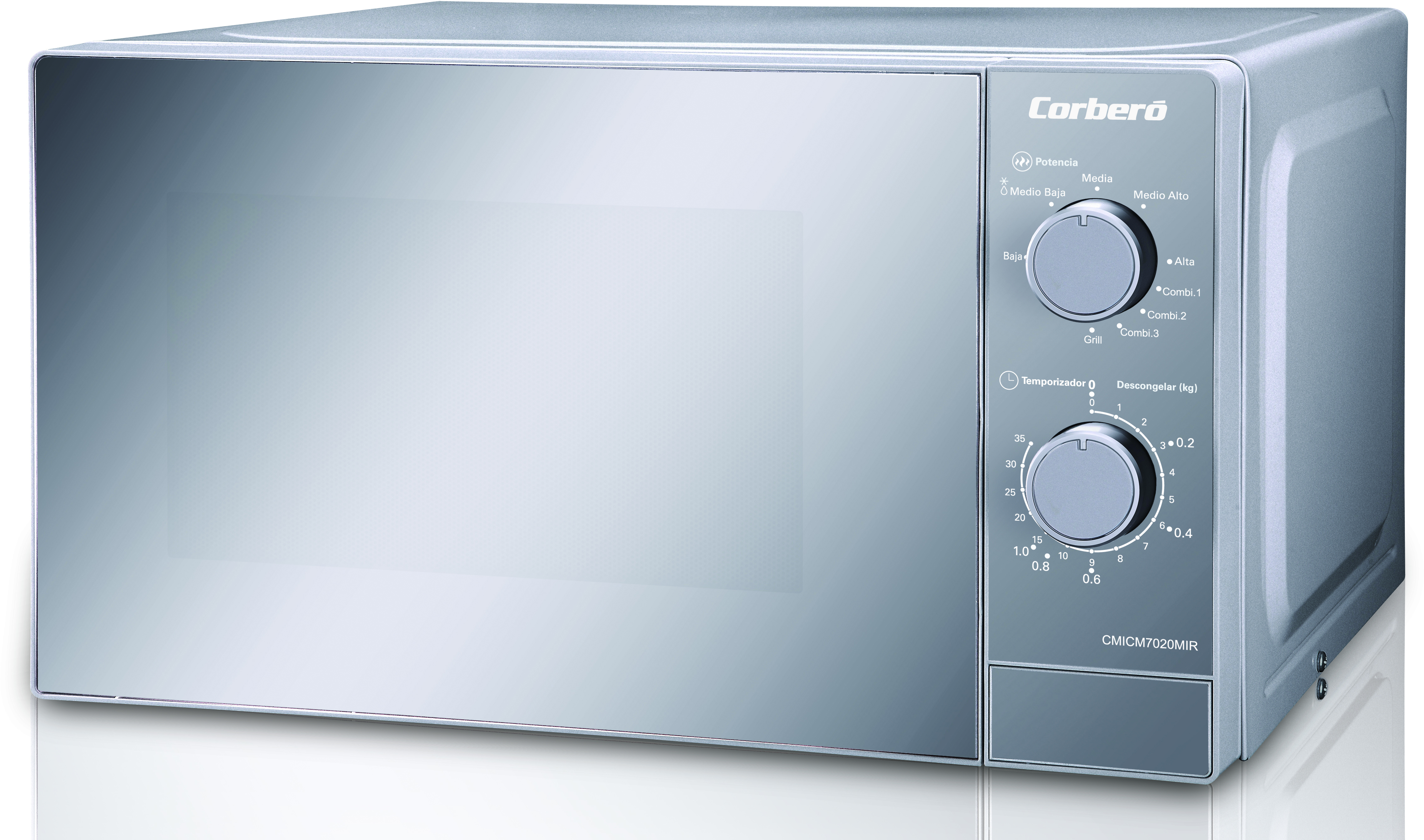 Microondas plateado. Panel de control a la derecha con diales y botones. Logotipo de Corbero en la parte superior.