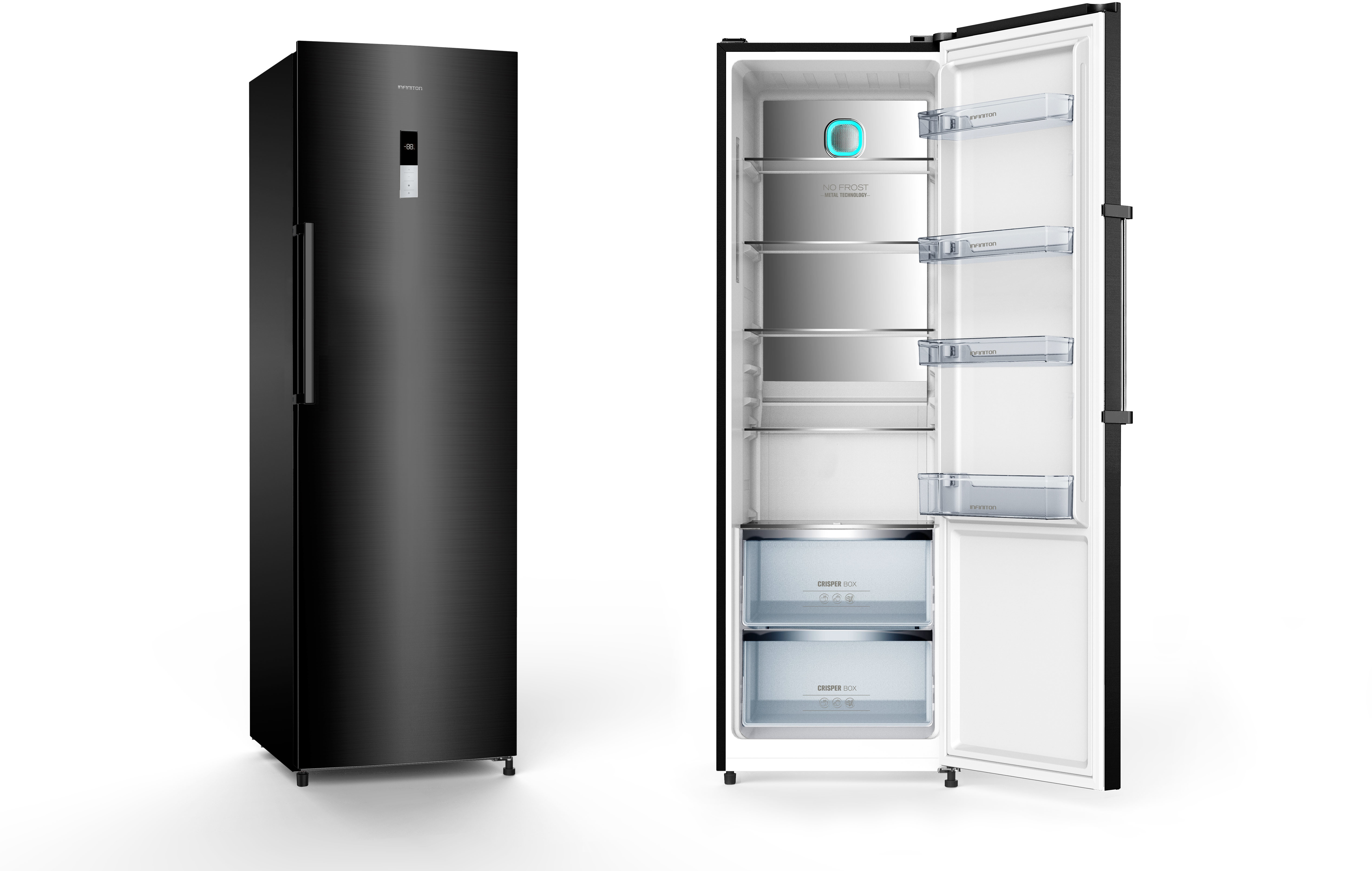Un refrigerador negro, abierto y cerrado, mostrando características interiores.