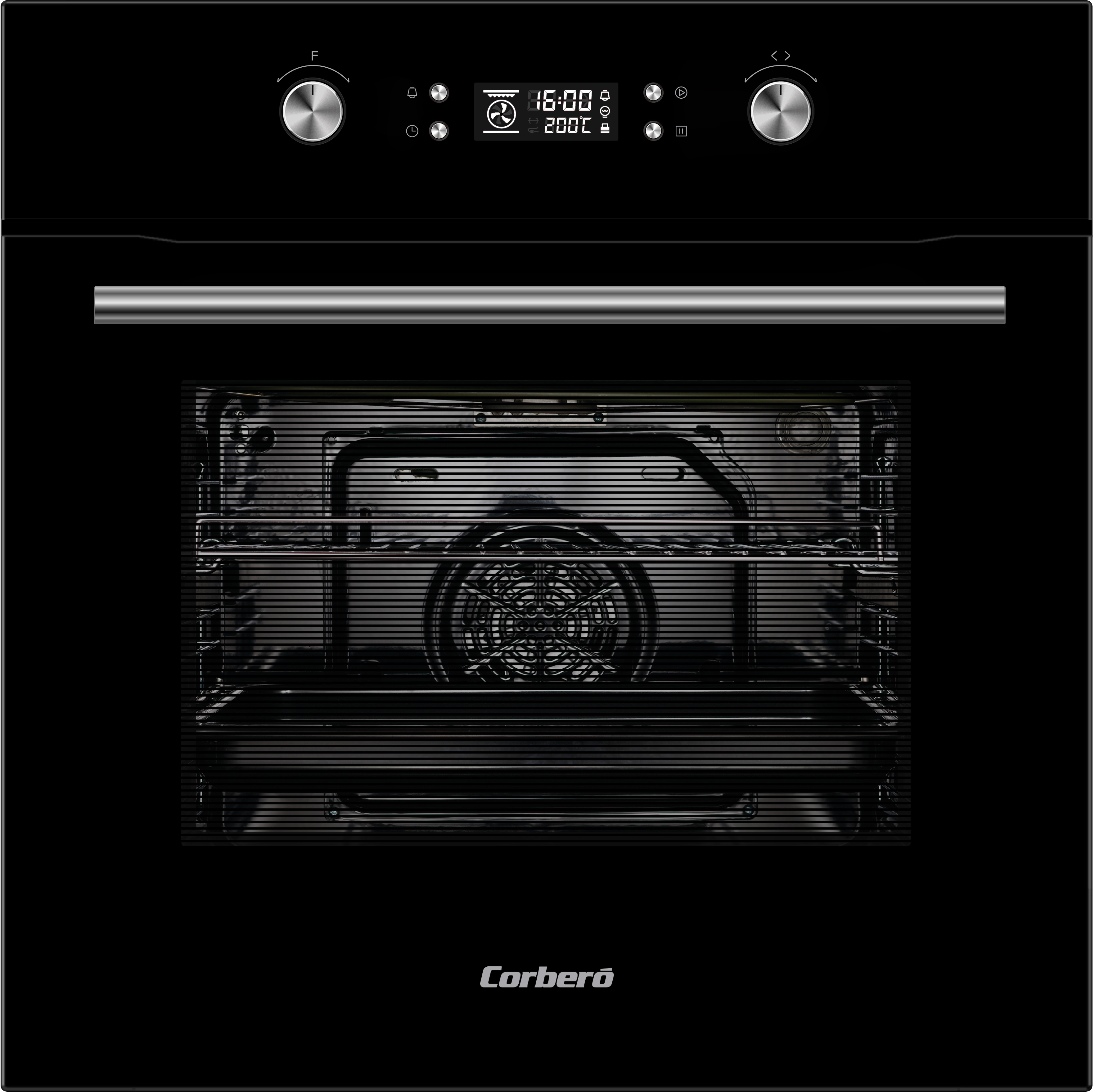 Un horno negro con controles, una ventana y rejillas interiores.