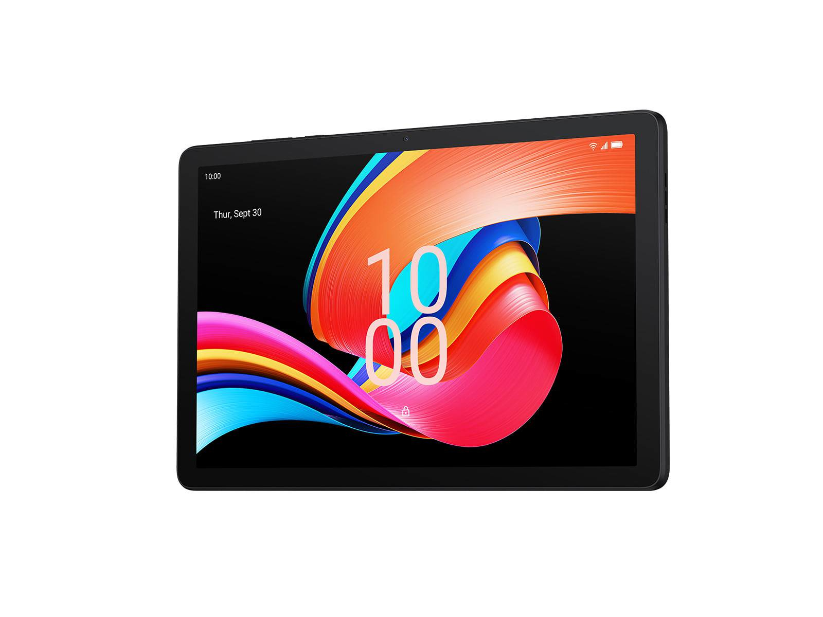 Tablet con immagine astratta colorata sullo schermo. Cornice nera. L'ora è visualizzata in alto.