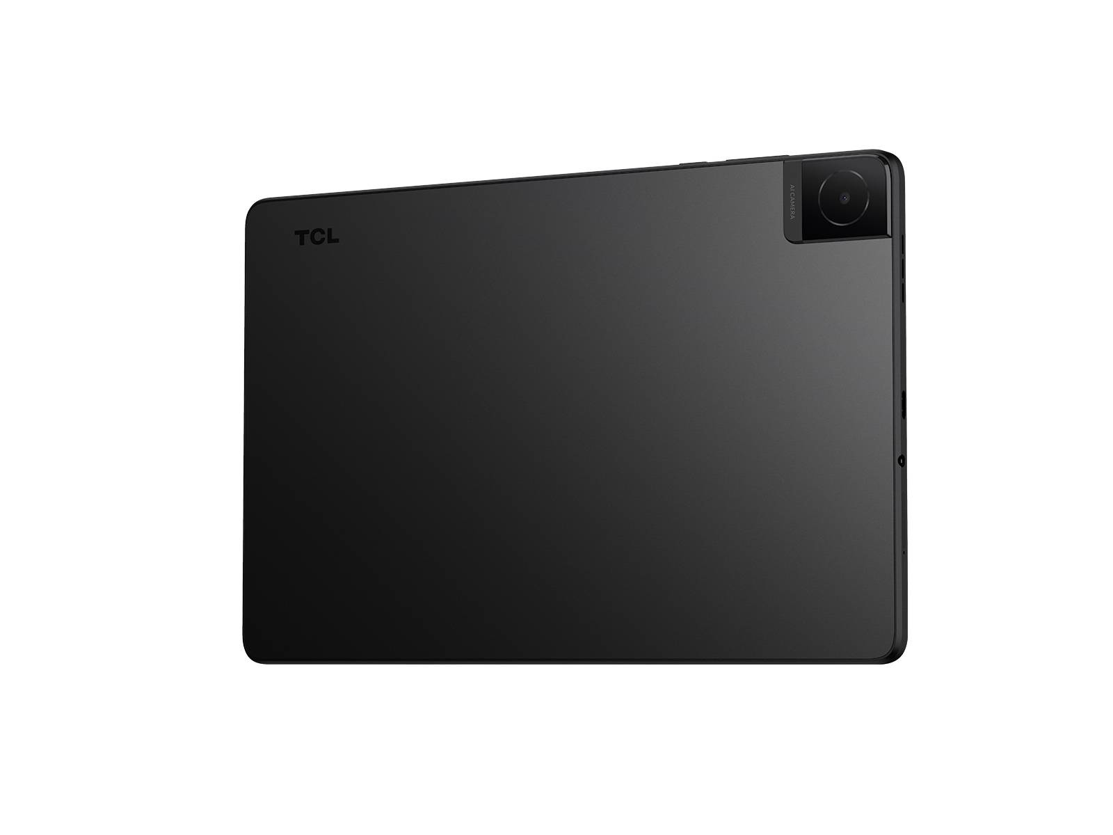 Tablet nero, vista posteriore, con fotocamera e logo TCL.