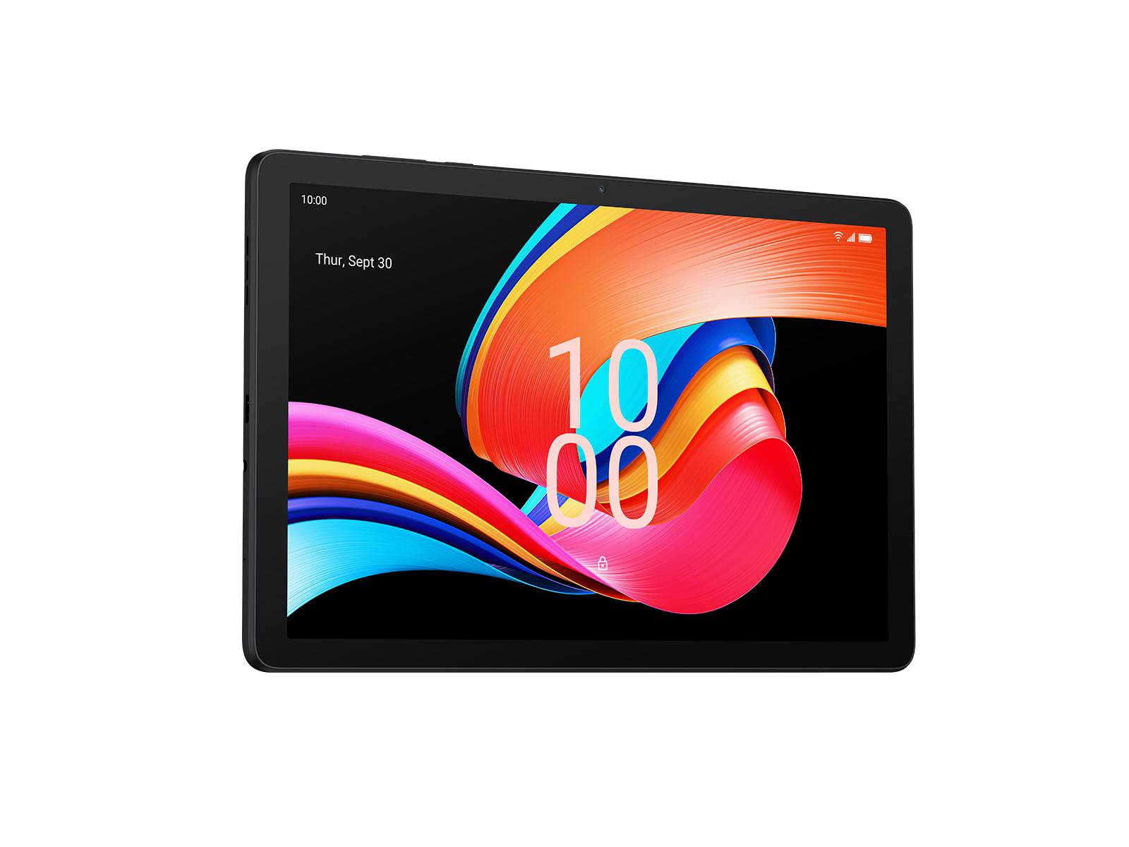 Tablet nero, schermo con un design astratto colorato, sfondo bianco.