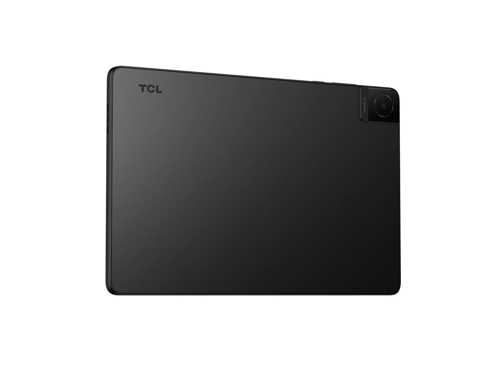 Tablet nero con logo TCL sul retro, con una fotocamera.