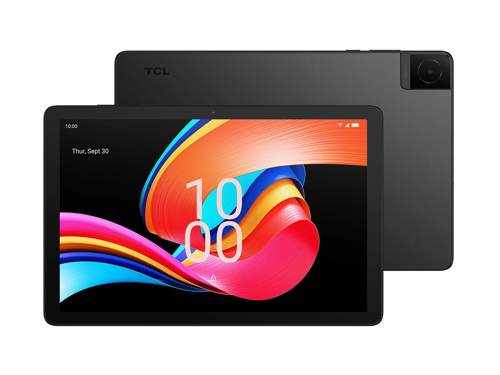 Un tablet con immagine astratta colorata sullo schermo e retro nero.