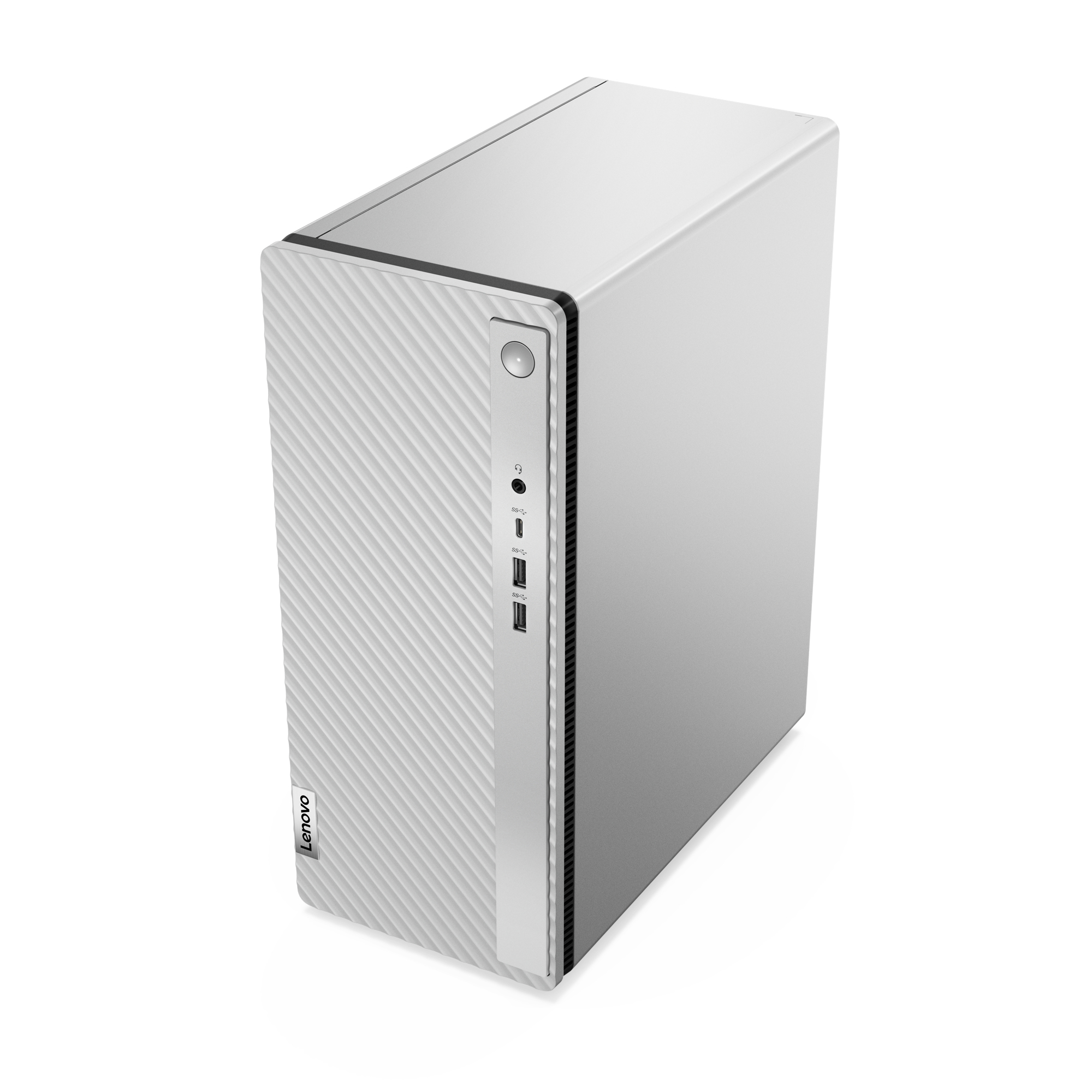 Ordenador de sobremesa Lenovo blanco. Diseño vertical, botón de encendido y puertos USB en el panel frontal.