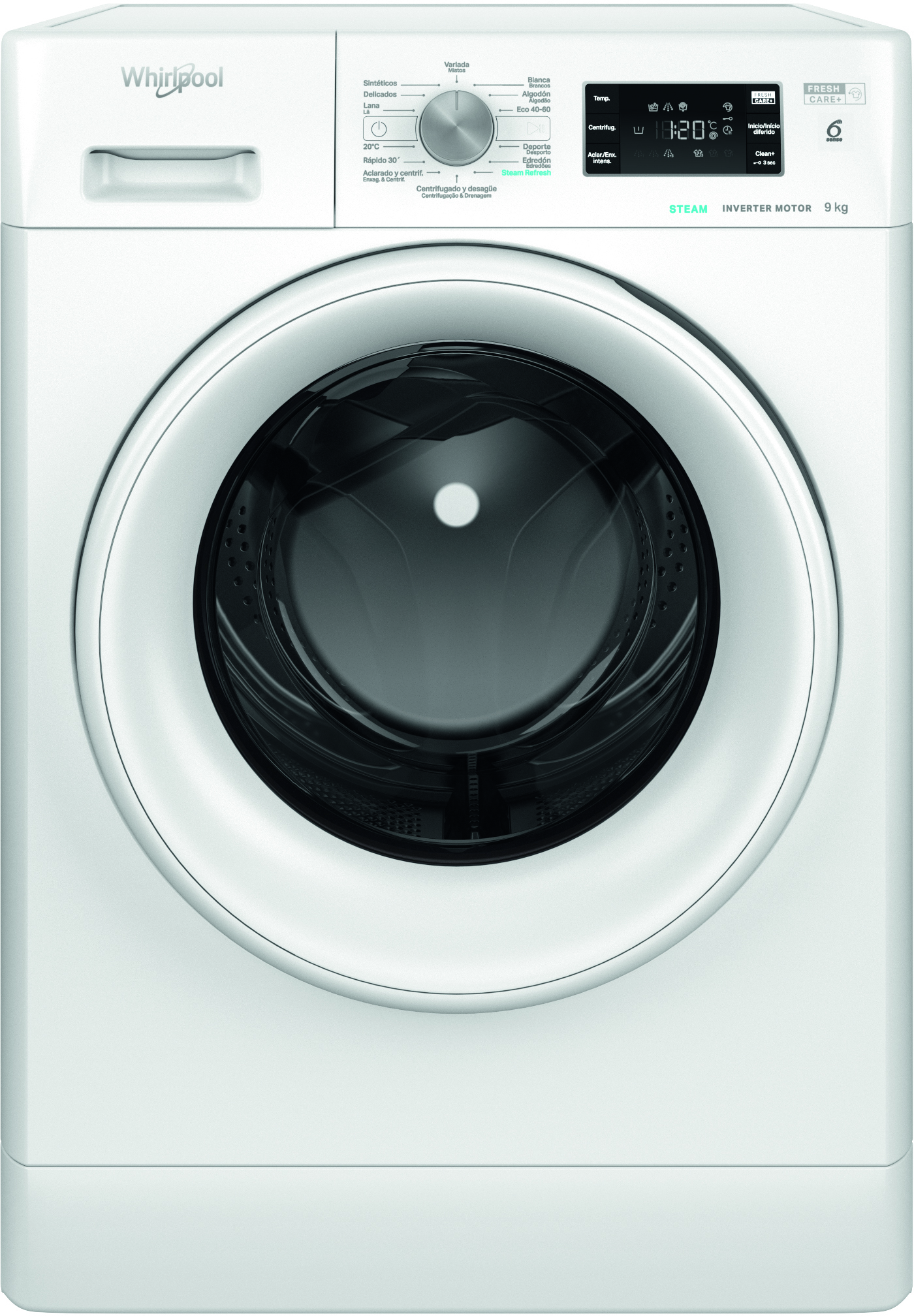Lavadora Whirlpool blanca con puerta redonda. Panel de control arriba y capacidad de 9 kg.