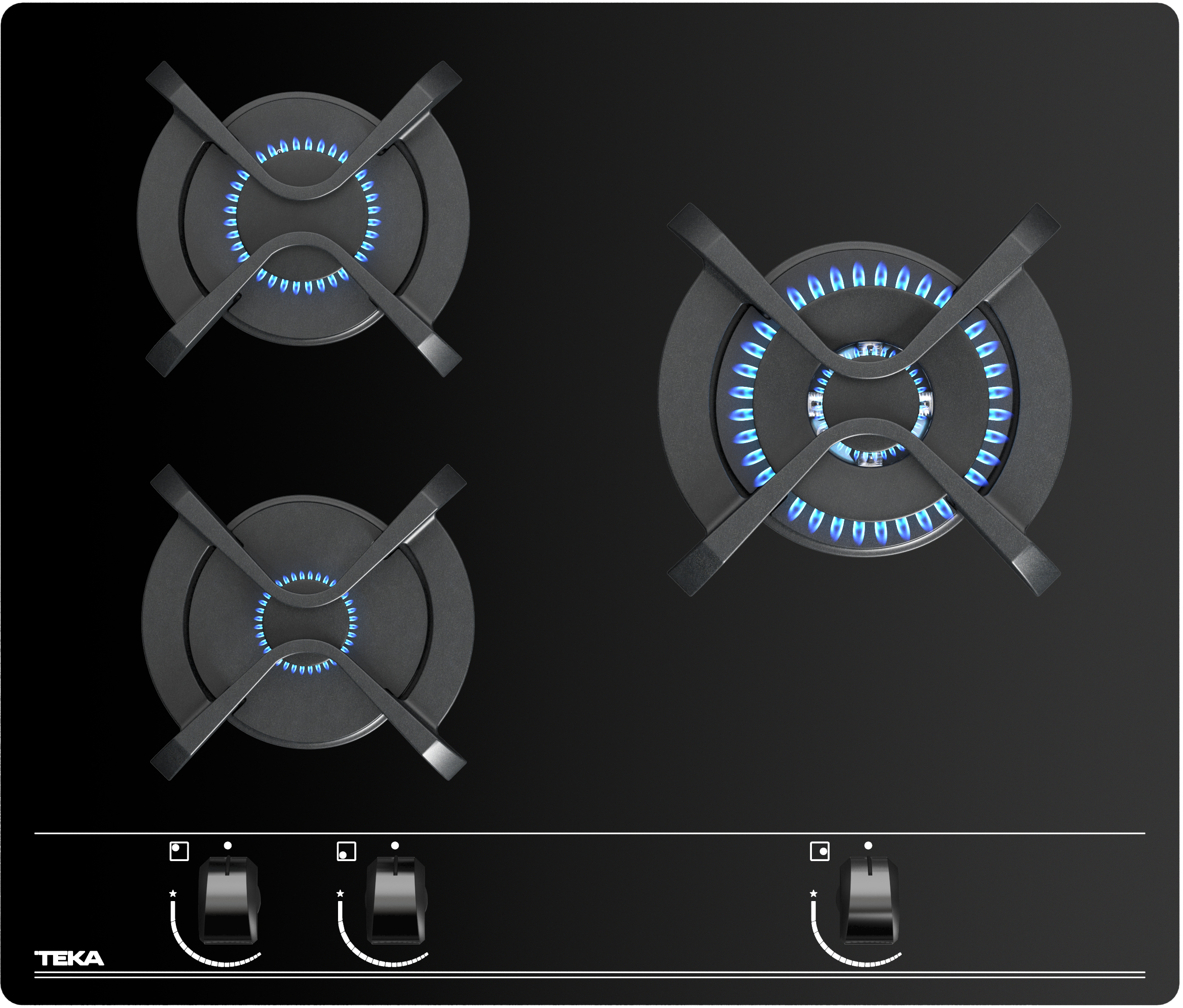 Czarna płyta grzewcza z czterema palnikami. Palniki są rozmieszczone w romb.