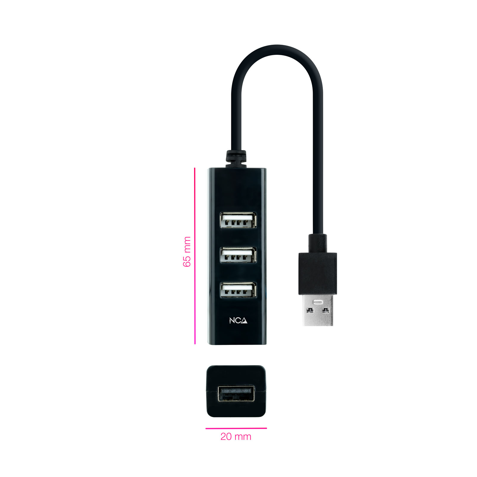 Un concentrador USB negro con cuatro puertos y una medida de 65 mm.
