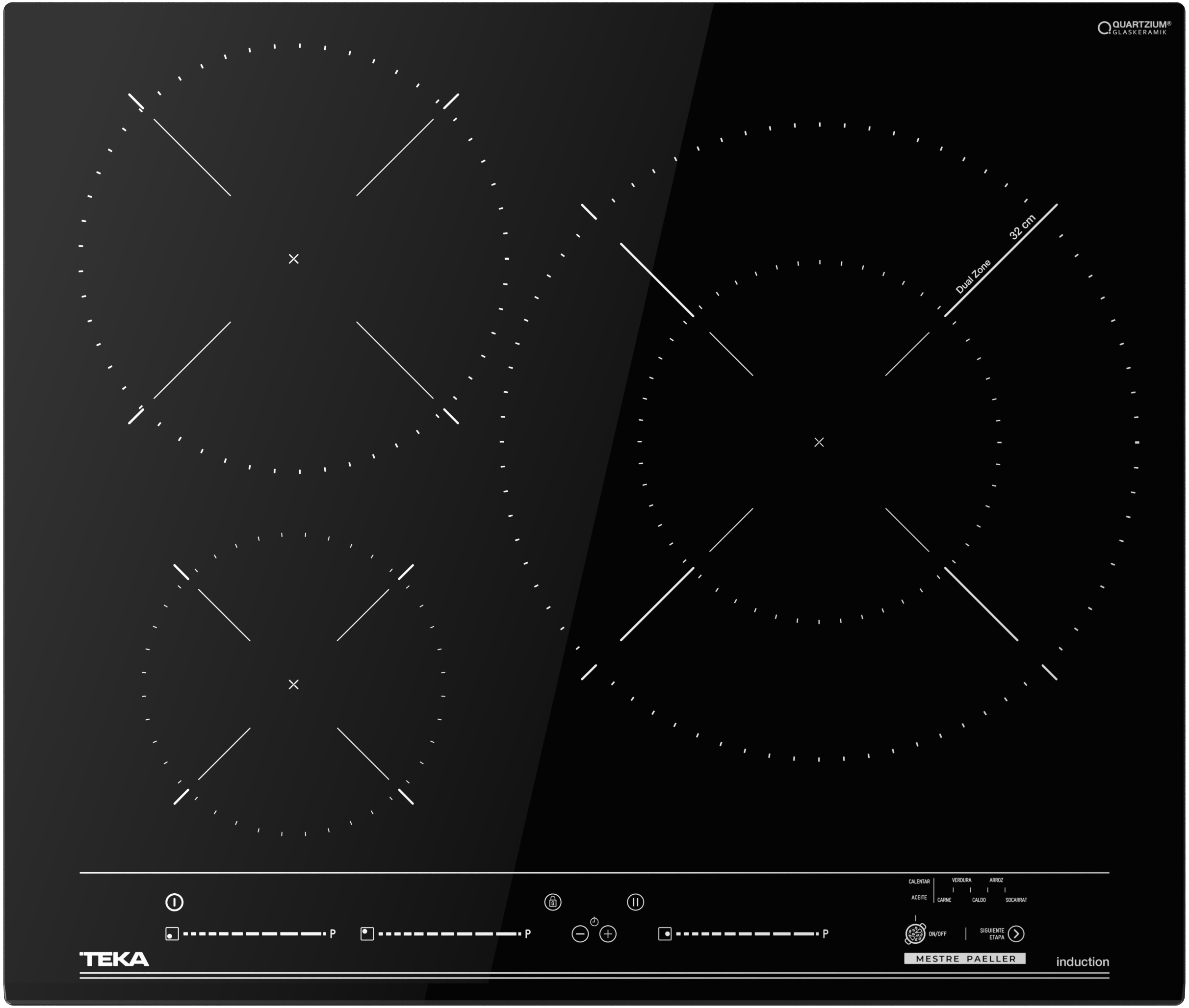 Czarna płyta indukcyjna z trzema okrągłymi strefami gotowania. Logo Teka na dole.